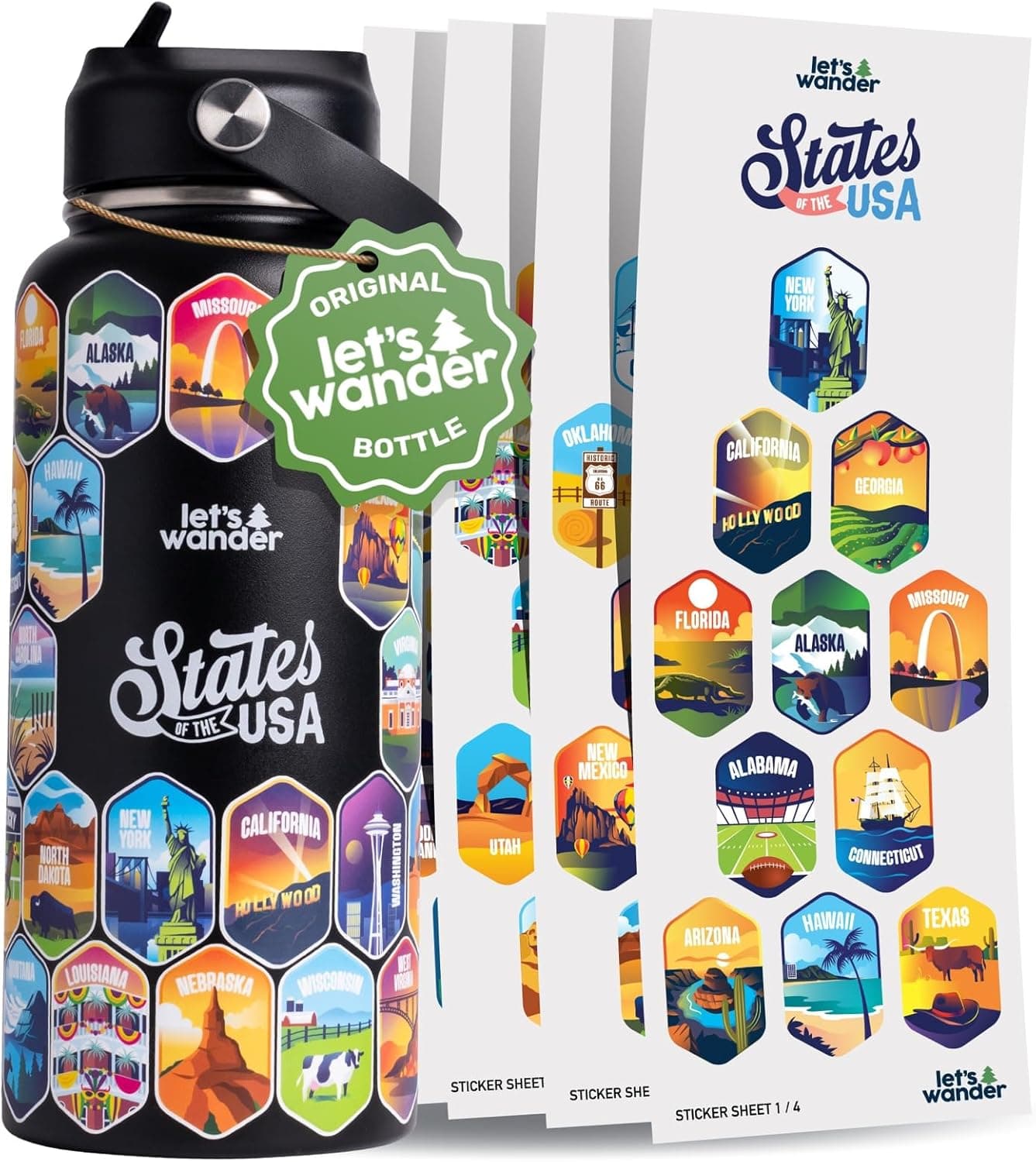 LET'S WANDER 50 States Water Bottle with Waterproof Stickers - 32oz Leakproof Insulated Stainless Steel with Straw - States of the USA Gift Bottle (Black) Black 1 Lid