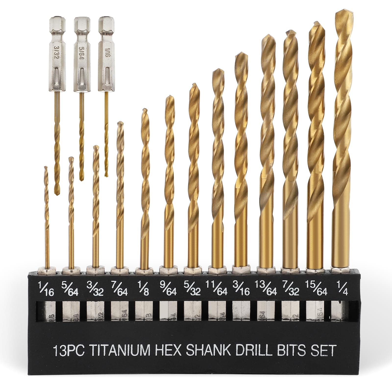 COMOWARE Titanium Twist Drill Bit Set - 16 Pcs Hex Shank High Speed Steel for Wood Plastic Aluminum Alloy, Quick Change, 1/16"-1/4" Gold