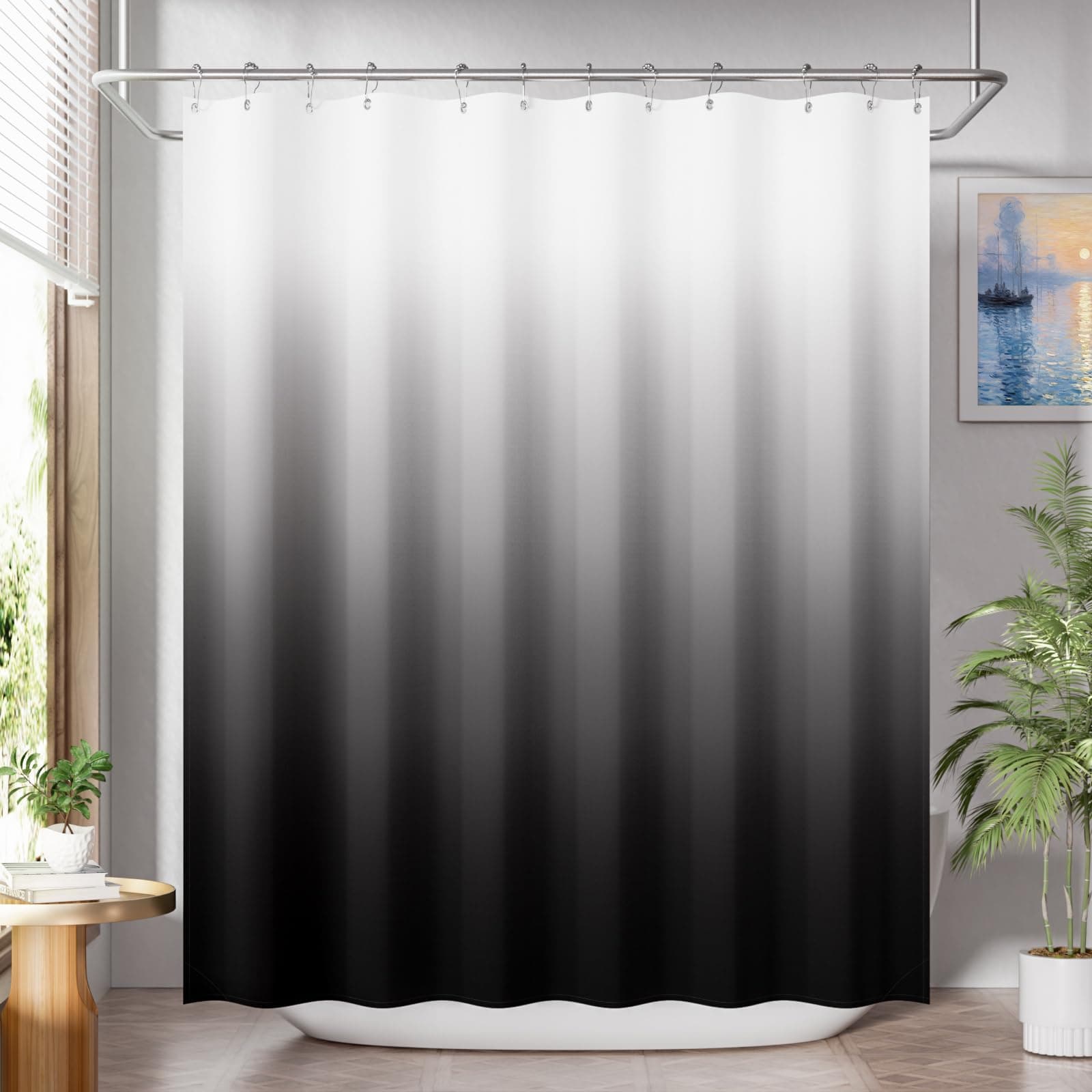 AmazerBath Shower Curtain, Cloth Ombre Black Shower Curtain Set with 12 Hooks, Washable Fabric Black and White Shower Curtain, Rustic Farmhouse Bathroom Shower Curtain, 72x72 Inches A- Black Ombre +12 Metal Hooks 72"W x 72"L (Pack of 1)