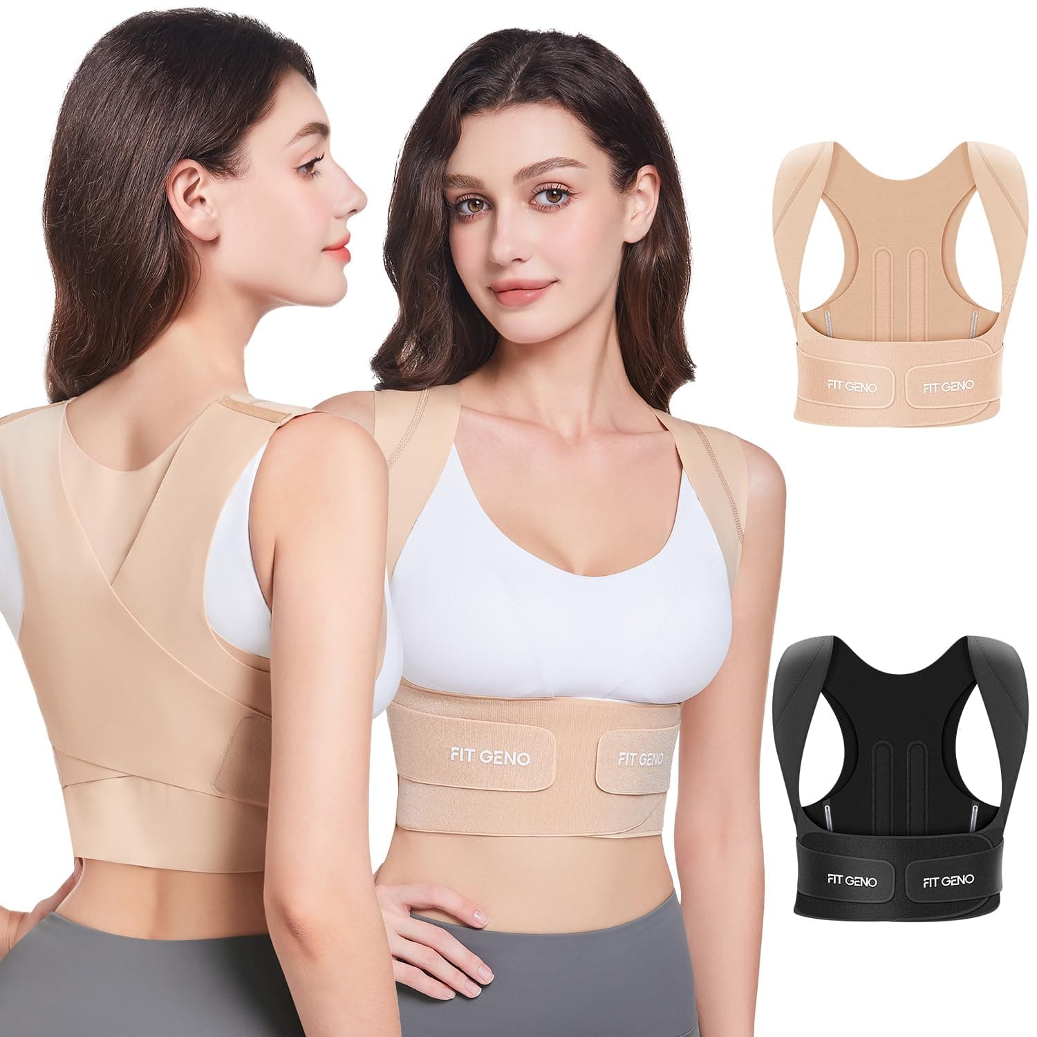Fit Geno Posture Corrector for Women Invisilite: Invisible Lightweight Back Brace for Neck Shoulder & Upper Back Pain Relief - Improve Posture Correct Hunchback Slouching Under Clothes Medium Beige M (Under Bust 34"- 38")