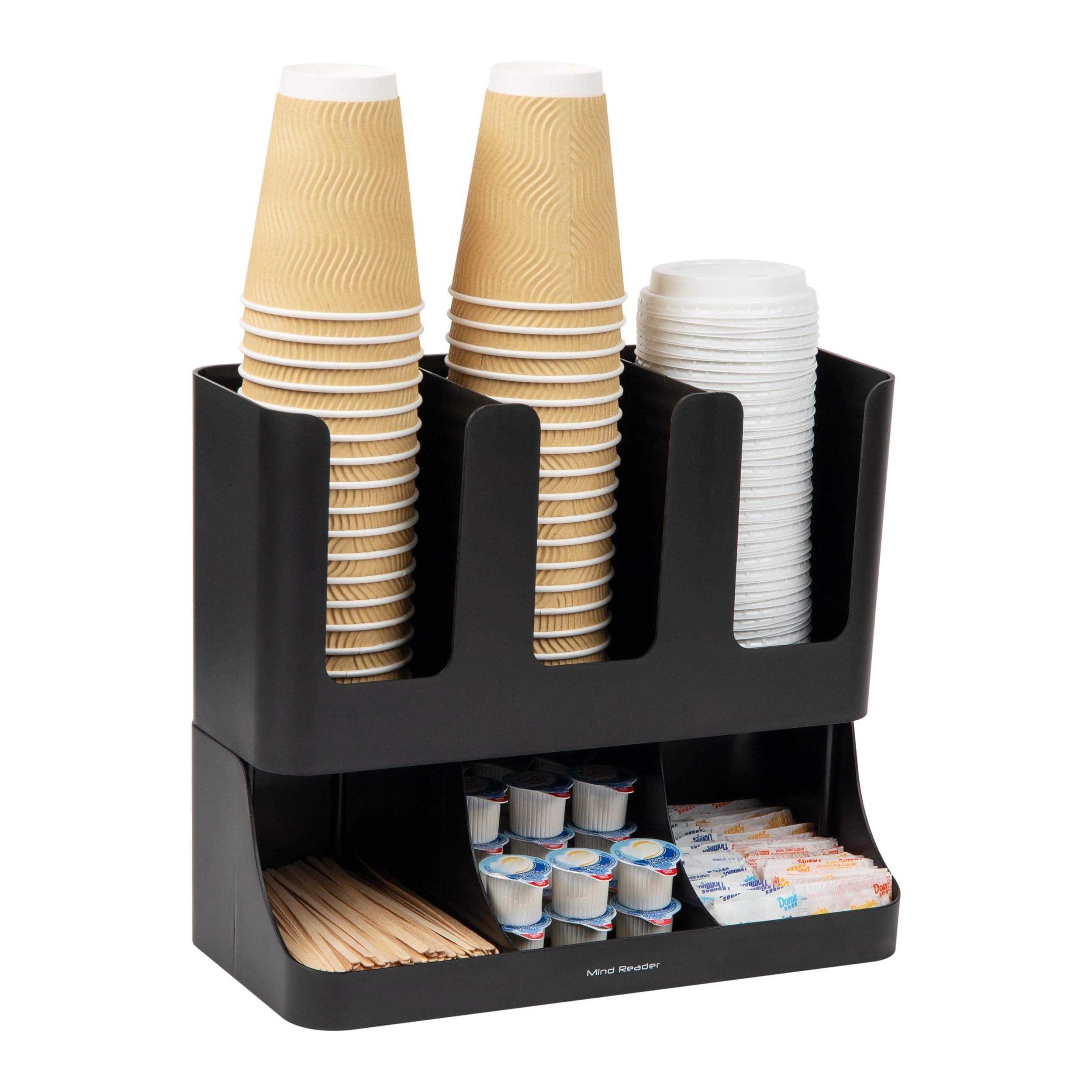 Mind Reader 6 Compartment Upright Breakroom Coffee Condiment and Cup Storage Organizer, Black Classic Black 6-Compartment