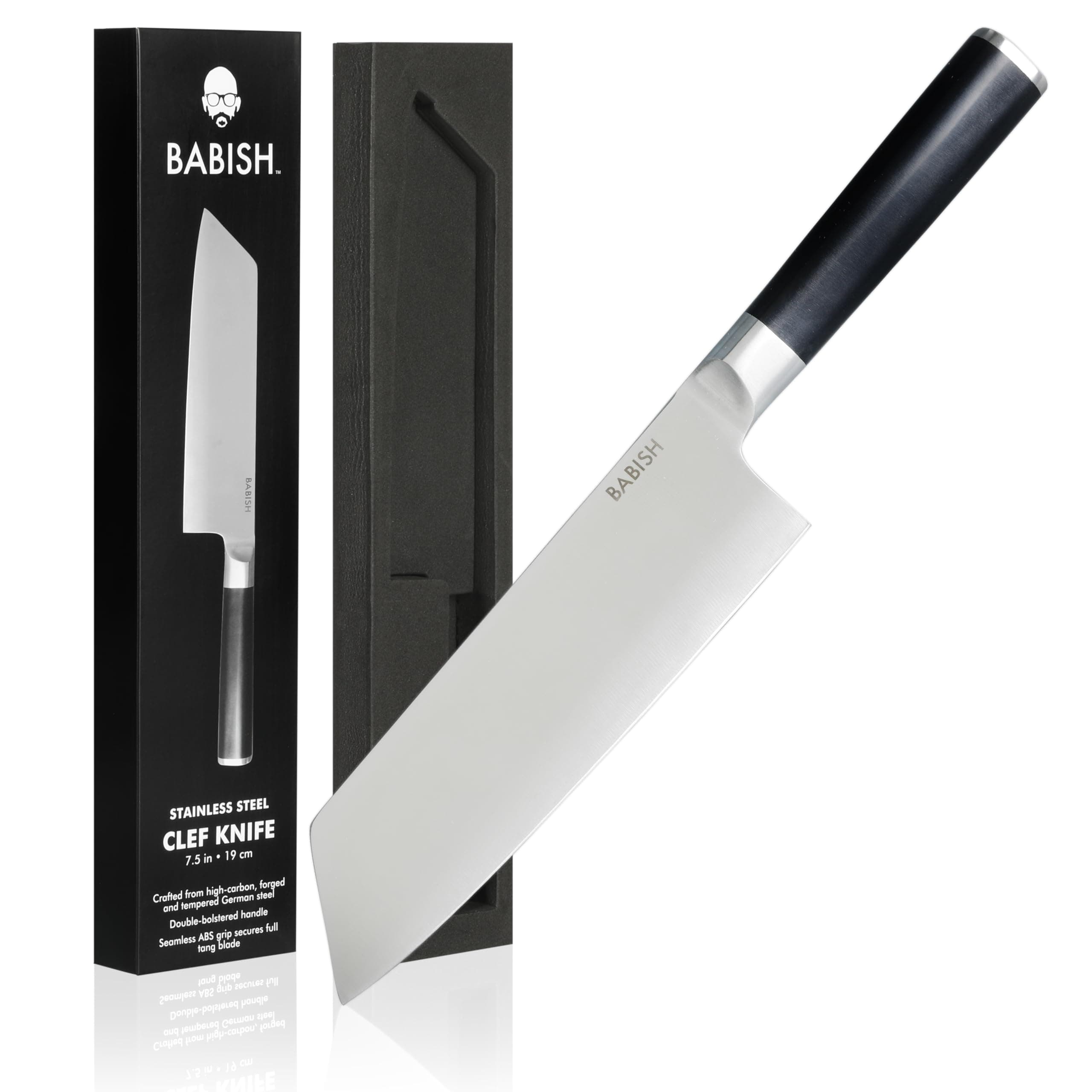 Babish High-Carbon 1.4116 German Steel Cutlery, 7.5" Clef (Cleaver + Chef) Kitchen Knife, Good Housekeeping Standout Knife of 2022 Clef Knife - High Carbon Stainless 7.5"