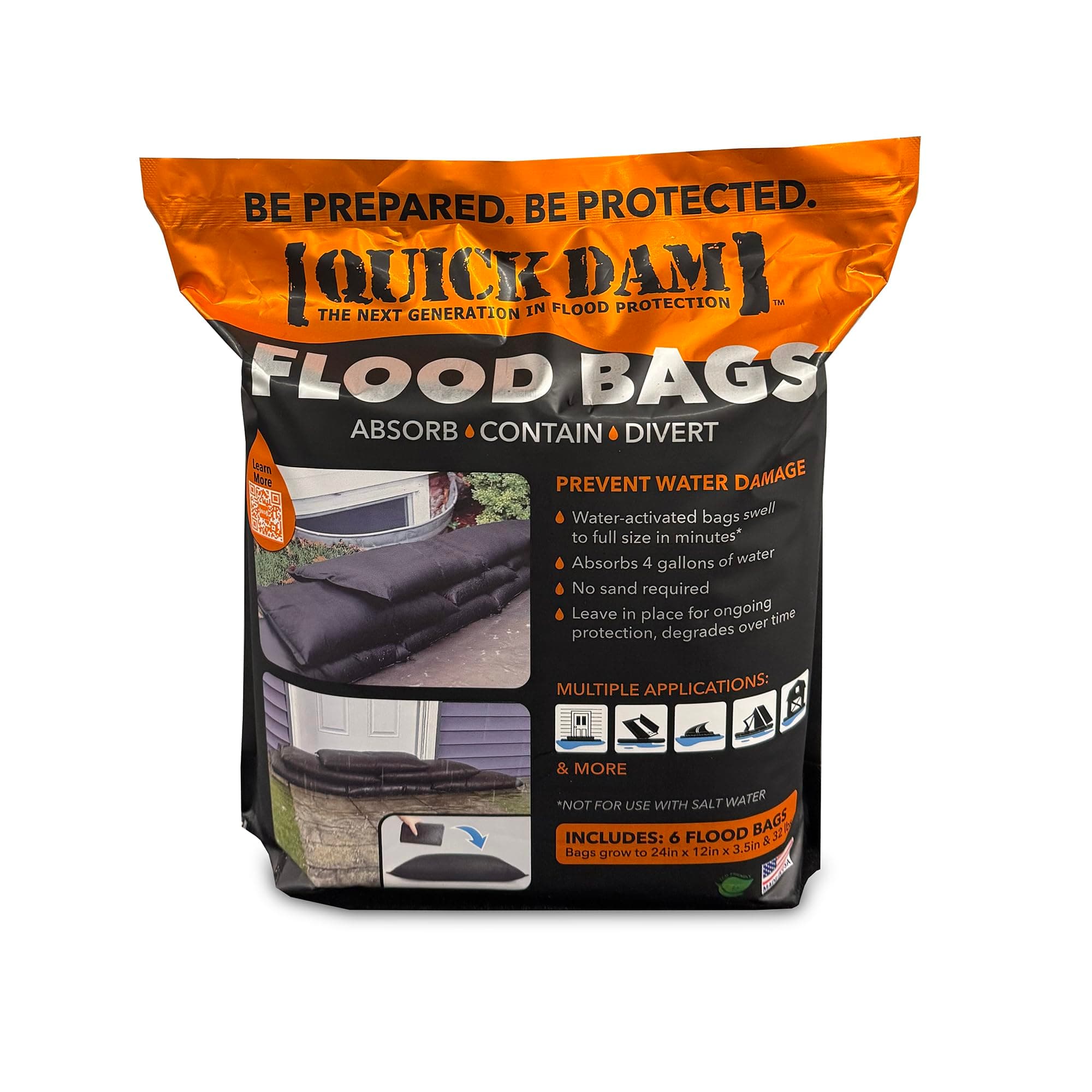 Quick Dam - QD1224-6 Water Activated Flood Bags 1ft x 2ft, 6-Pack 6 Pack Flood Bag