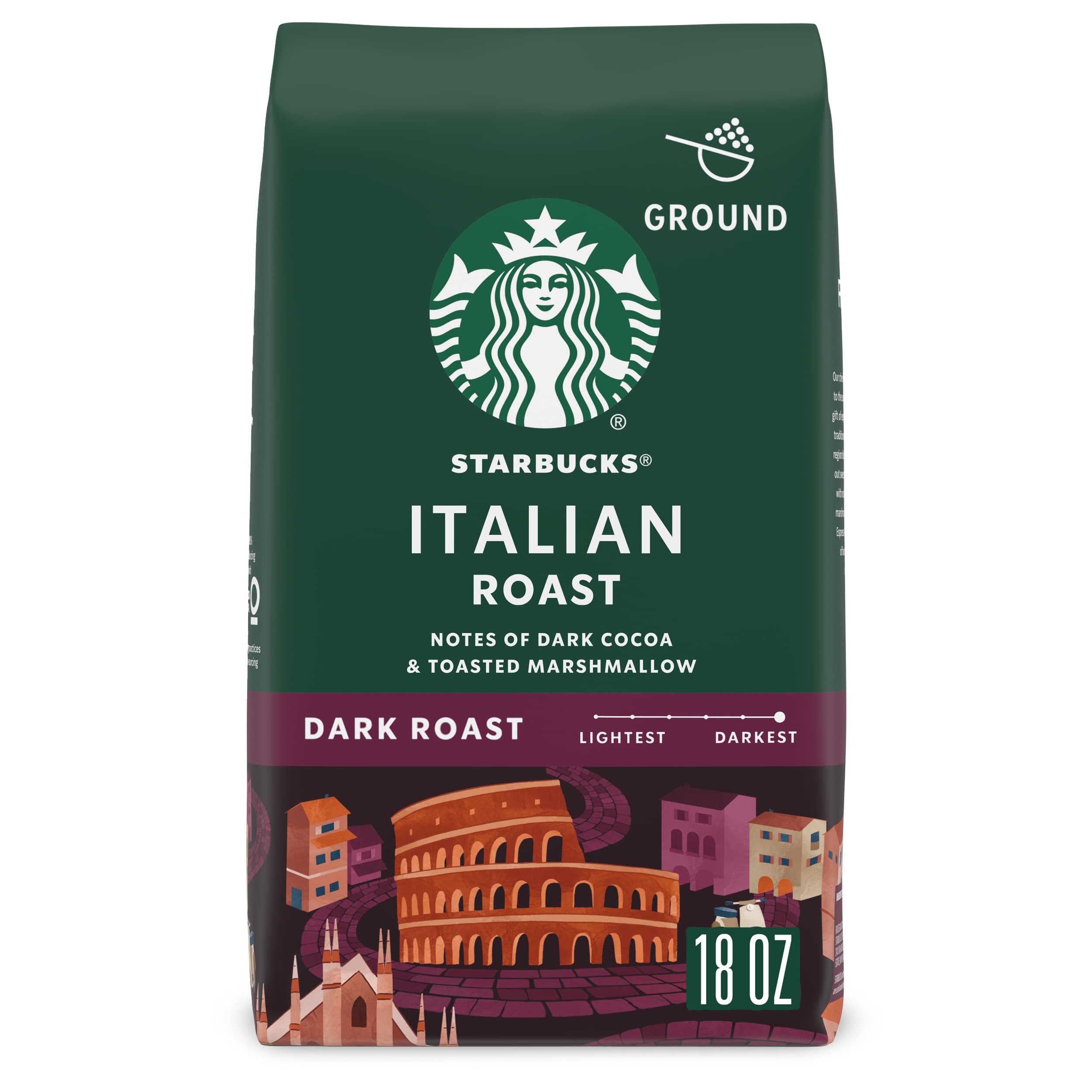 Starbucks Ground Coffee, Dark Roast Coffee, Italian Roast, 100% Arabica, 1 bag (18 oz) Italian 18 Ounce (Pack of 1)