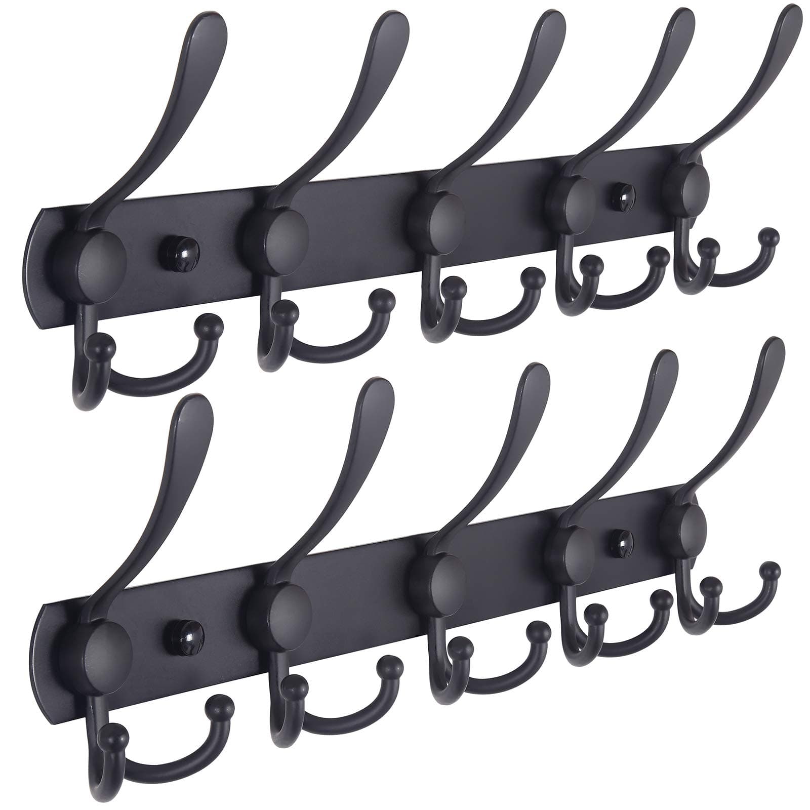 Dseap Coat Rack Wall Mounted - 5 Tri Hooks, Heavy Duty, Stainless Steel, Metal Coat Hook Rail for Coat Hat Towel Purse Robes Mudroom Bathroom Entryway (Black, 2 Packs) Black L=16" (2 Pcs)