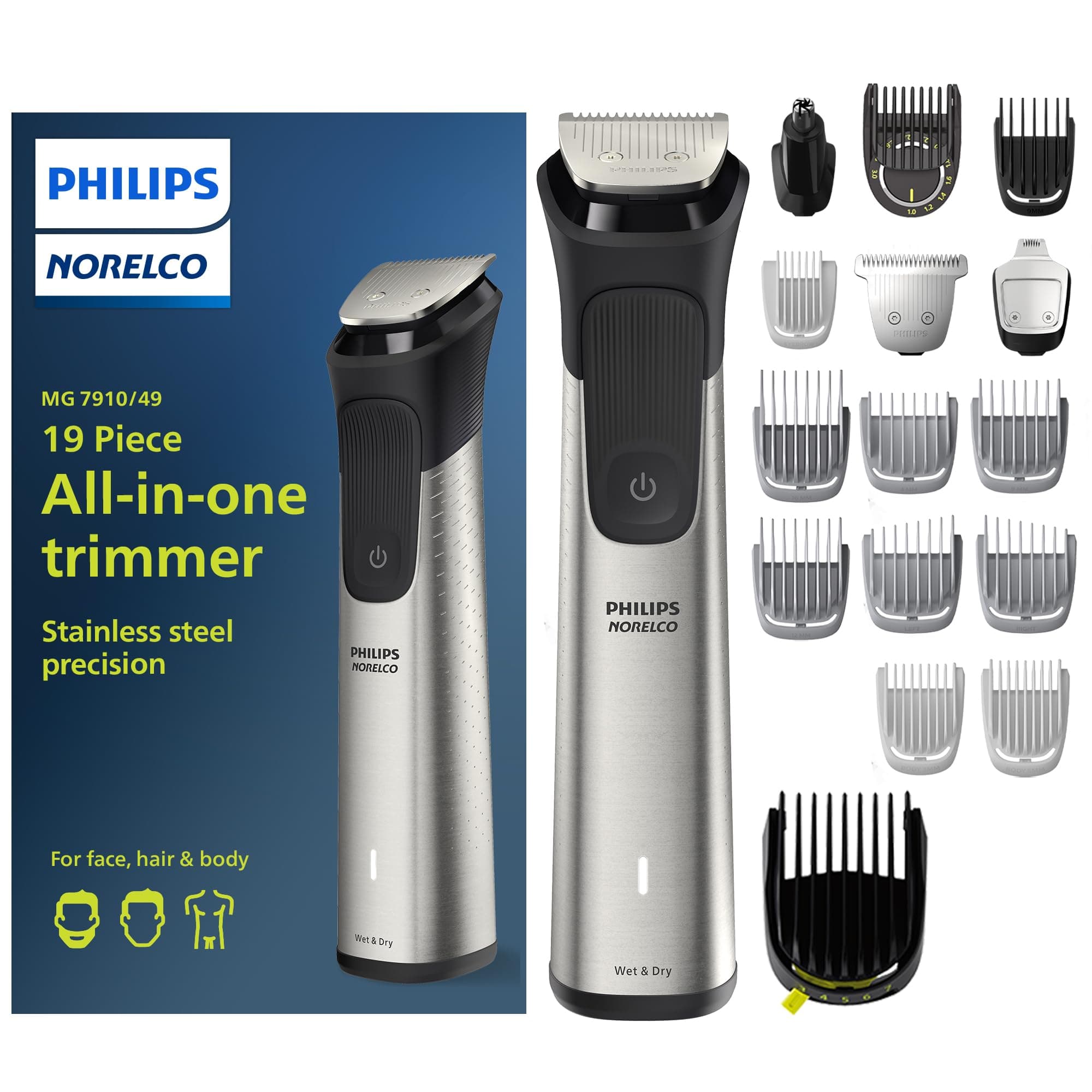 Norelco Philips Multigroom 7000 Series, All-in-One Trimmer, Beard Trimmer and Hair Clipper, 19-Piece Men's Grooming Kit for Beard, Head, Hair, Body, and Face, Soft Pouch, MG7910/49 Steel MG7910/49 - 19 Pieces