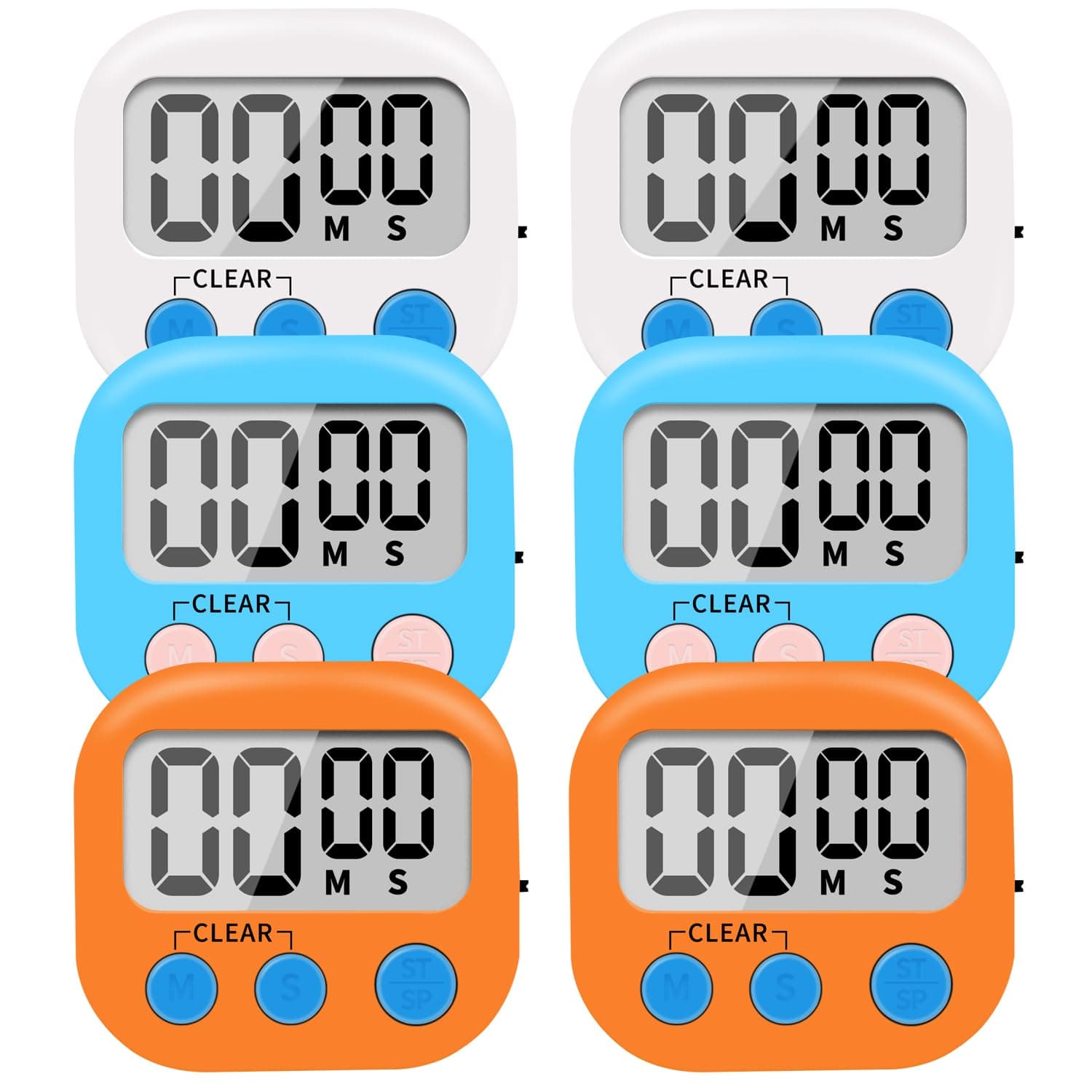 6 Pack Small Digital Kitchen Timer Magnetic Back and ON/Off Switch,Minute Second Count Up Countdown (Multicolored)