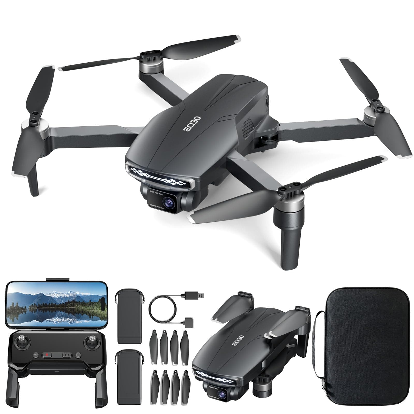 Brushless Motor Drone with Camera for Adults 4K,Optical Positioning,Long Range 5G FPV Video Transmission,120°FOV Camera, 90°Adjustable Lens,2Batteries, Carrying Case, Easy for Beginner,Under249G Black