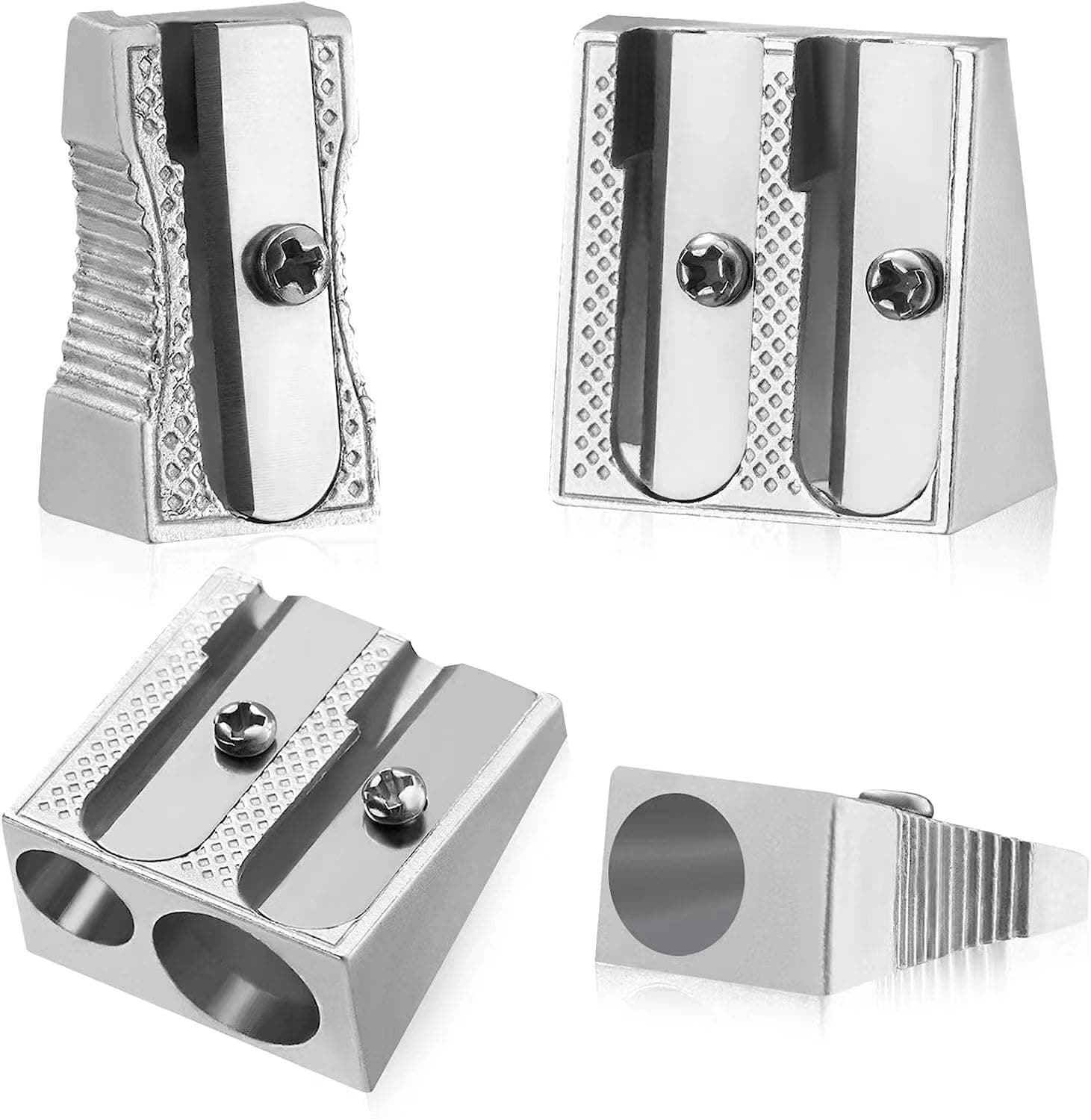 Metal Pencil Sharpeners, 4pcs Manual Double Hole Pencil Sharpener for Colored Graphite Pencils, Crayon Sharpener, Home School Office 4 Silver2