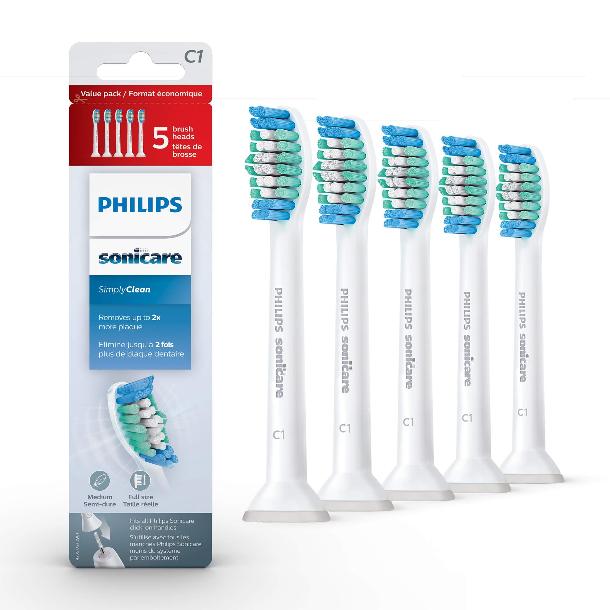 Philips Sonicare Genuine SimplyClean Replacement Toothbrush Heads, 5 Brush Heads, White, HX6015/03 White 5 Count (Pack of 1)