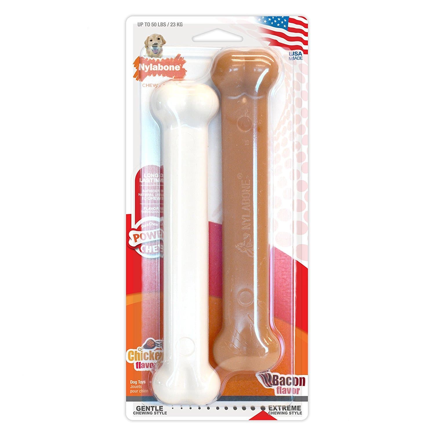 Nylabone Original Bone Power Chew Toy for Dogs, Durable Dog Toys for Aggressive Chewers, Basted Blast Chicken Flavor, Large - Up to 50 lbs, 2 Pack Chicken & Bacon Large