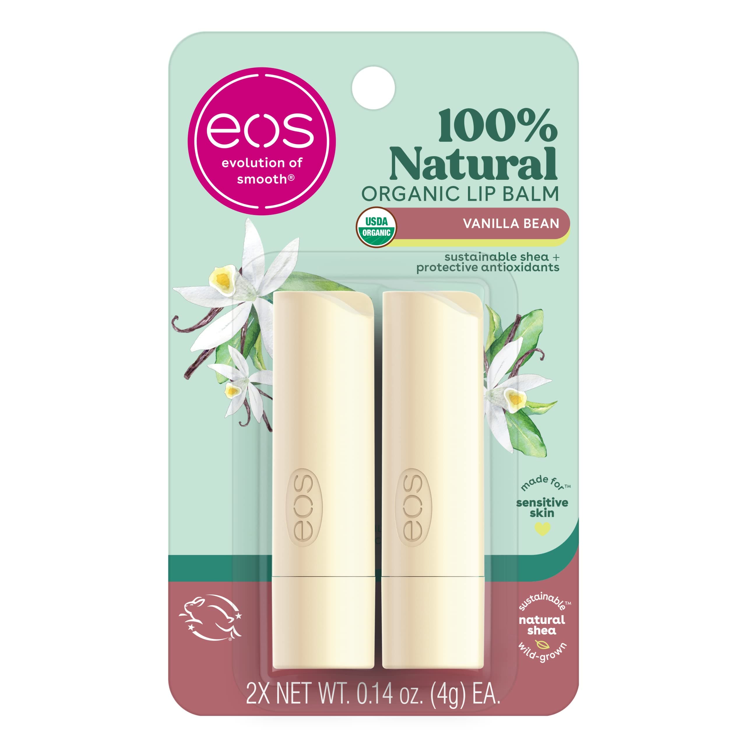 eos 100% Natural & Organic Lip Balm Sticks - Vanilla Bean, All Natural Lip Balm, All-Day Moisture, Dermatologist Recommended, 0.14 oz, 2-Pack Vanilla Bean 0.14 Ounce (Pack of 2)
