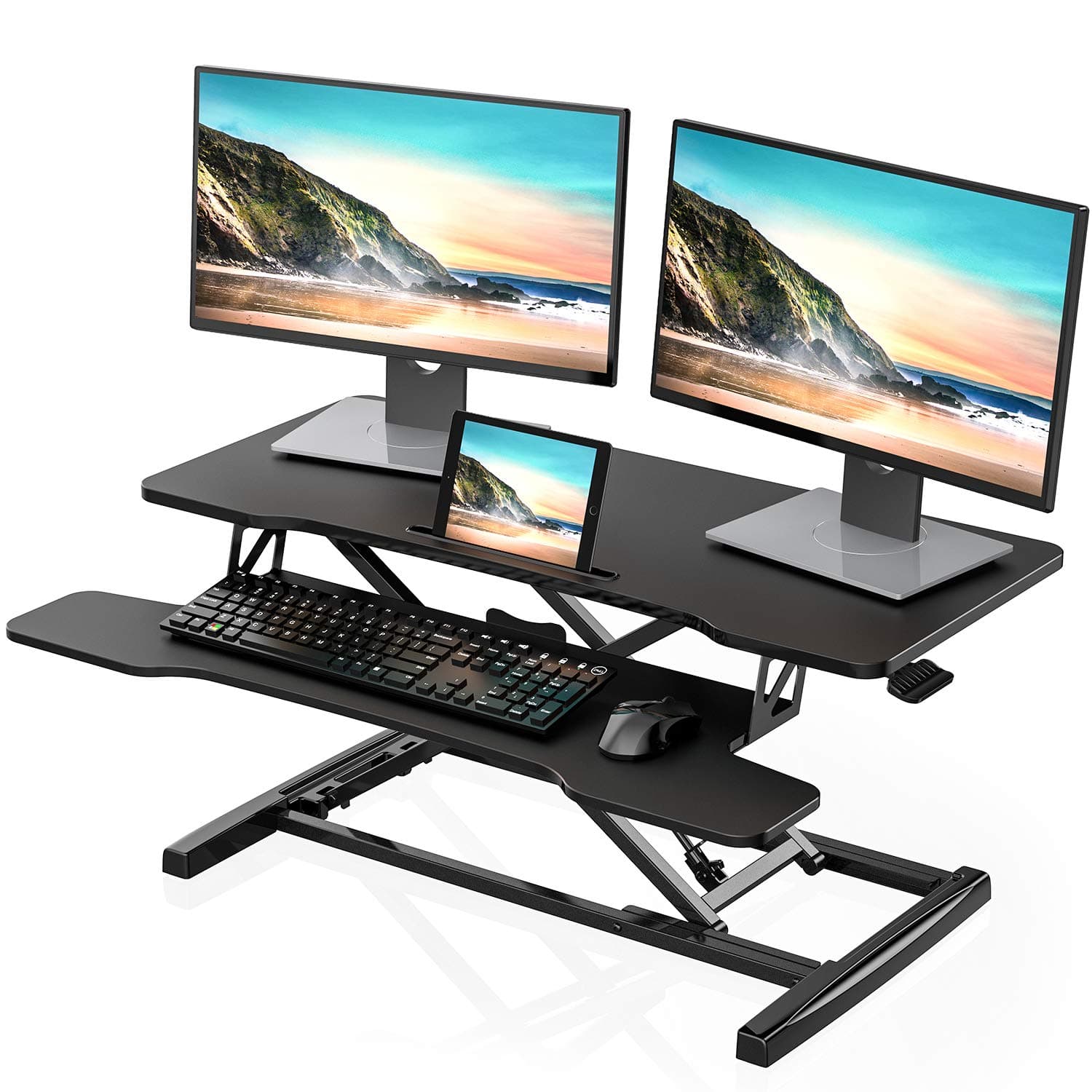 FITUEYES FITUEYES Height Adjustable Standing Desk 36” Wide Sit to Stand Converter Stand Up Desk Tabletop Workstation for Laptops Dual Monitor Riser Black SD309101WB