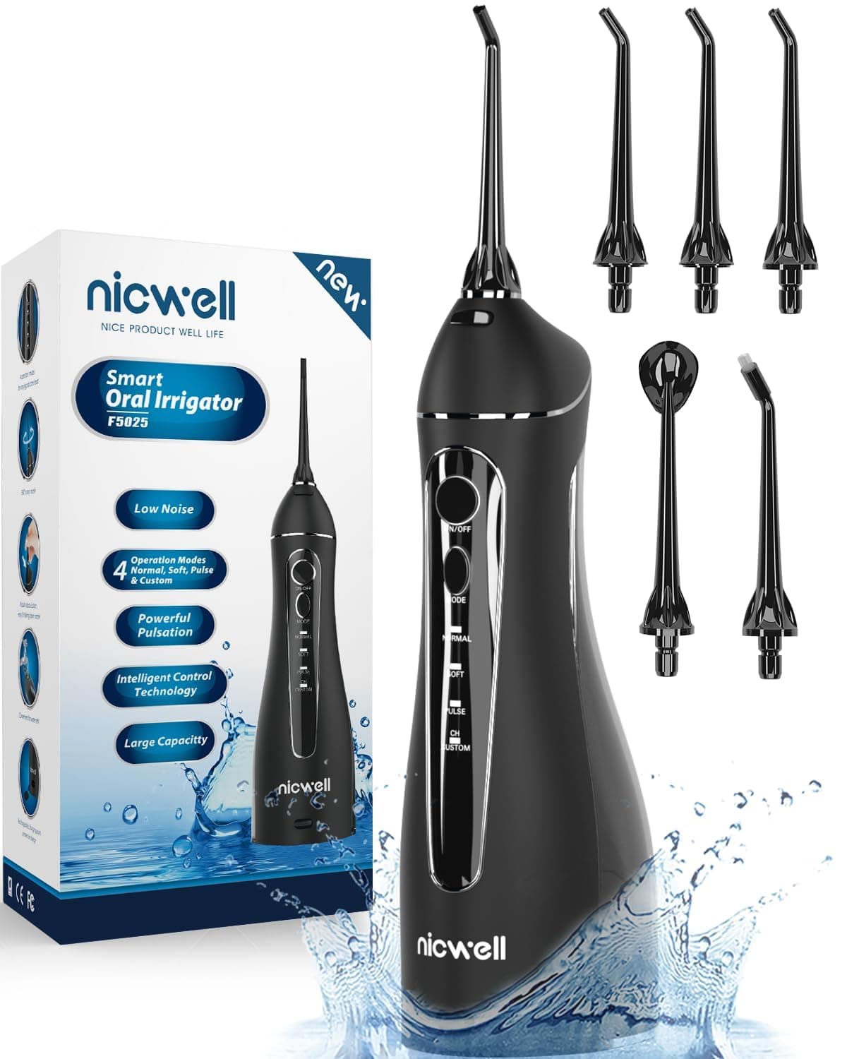 Nicwell Water Dental Flosser Teeth Pick - Cordless Portable 4 Modes Rechargeable Flossers Oral Irrigator IPX7 Waterproof Travel Gum Floss Cleaner Deep Cleaning Flossing Picks for Home Daily Shower Black