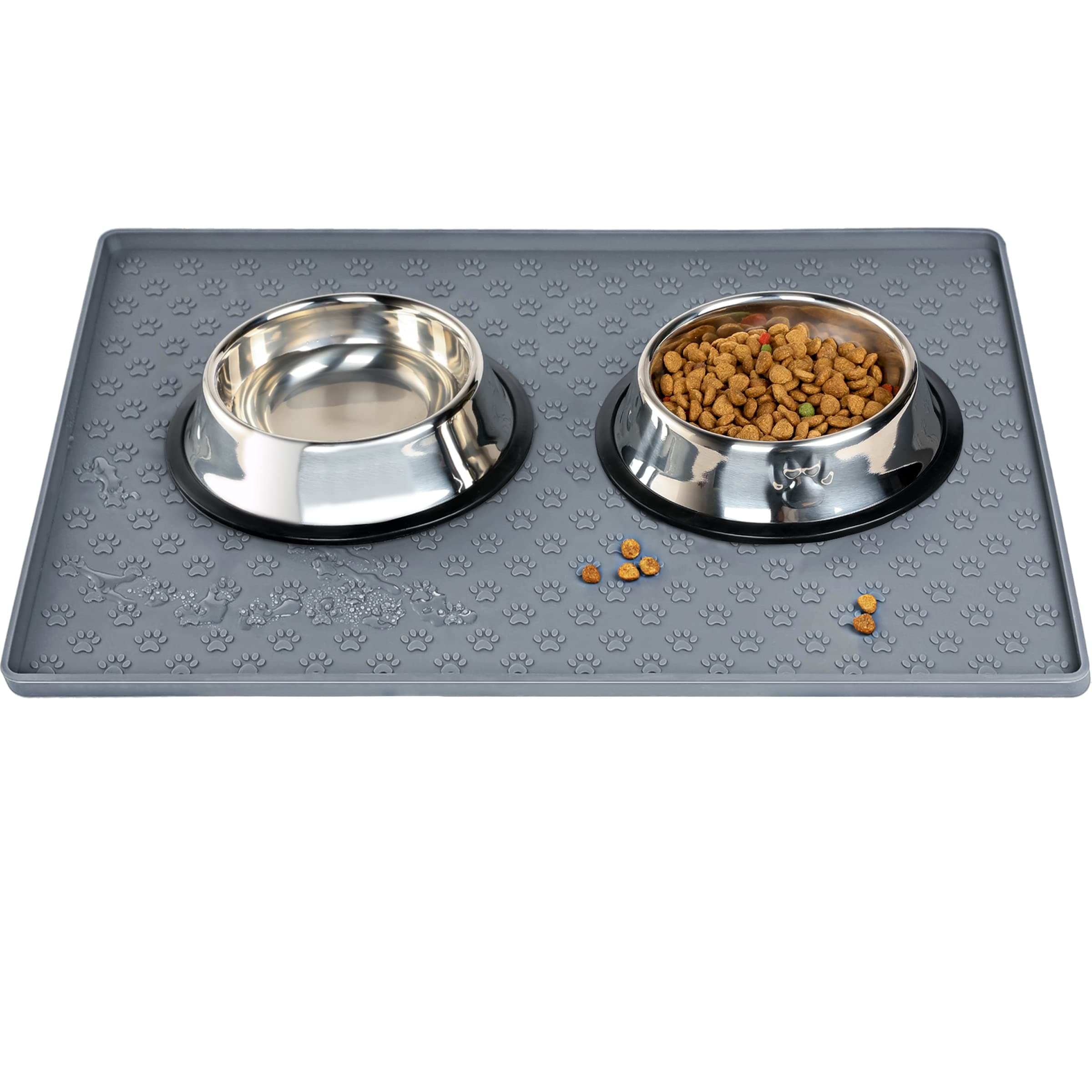 Pet Food Mat for Dogs and Cats - Silicone Feeding Mat With Raised Edges for Food and Water - Waterproof Slip Bowl Mat to Prevent Messes on Floor 18X12Inch Grey
