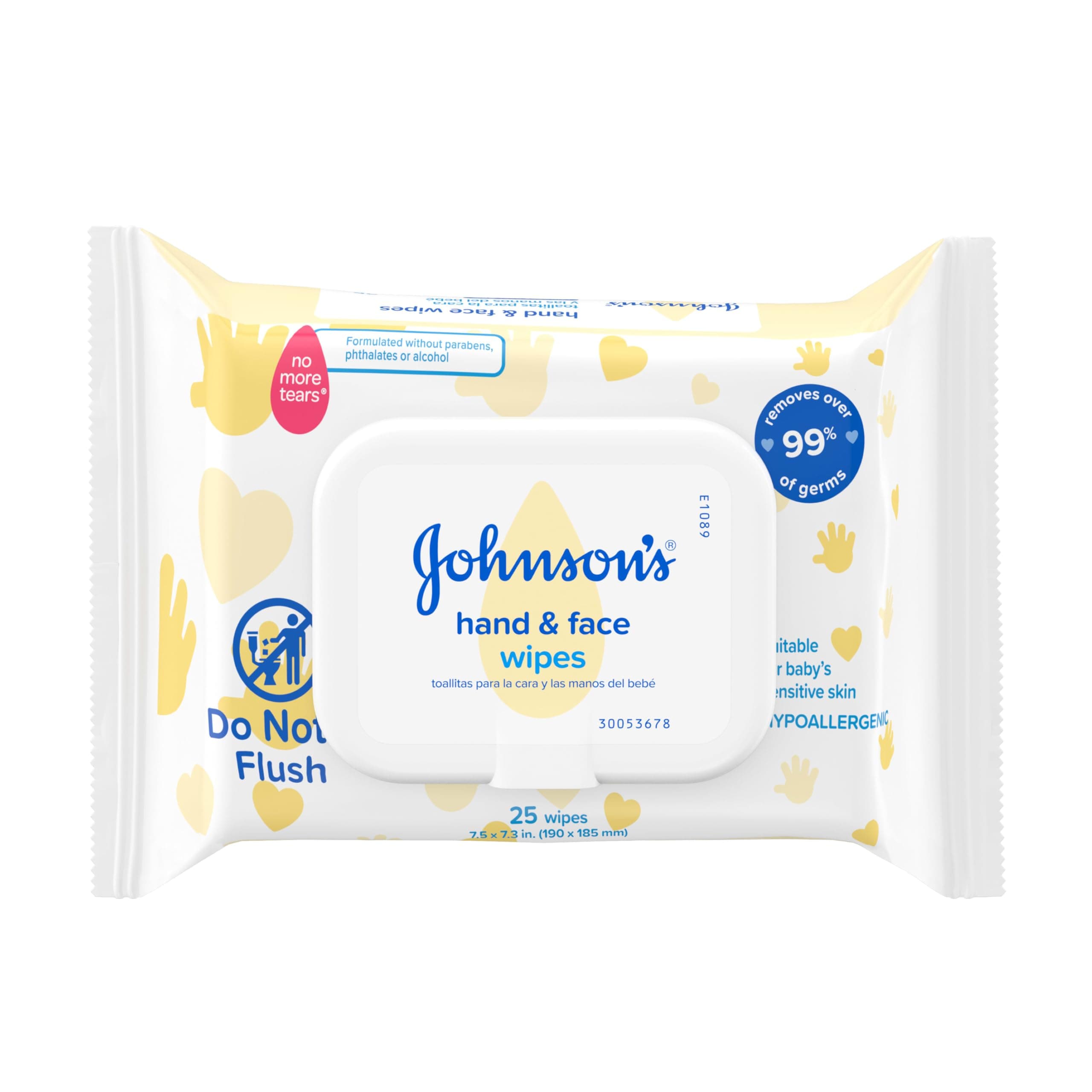 Johnson's Baby Disposable Hand & Face Cleansing Wipes, Pre-Moistened Wipes Gently Remove 99% of Germs & Dirt from Delicate Skin, Paraben-, Phthalate- & Alcohol-Free, Hypoallergenic, 25 Count white 25 Count (Pack of 1)