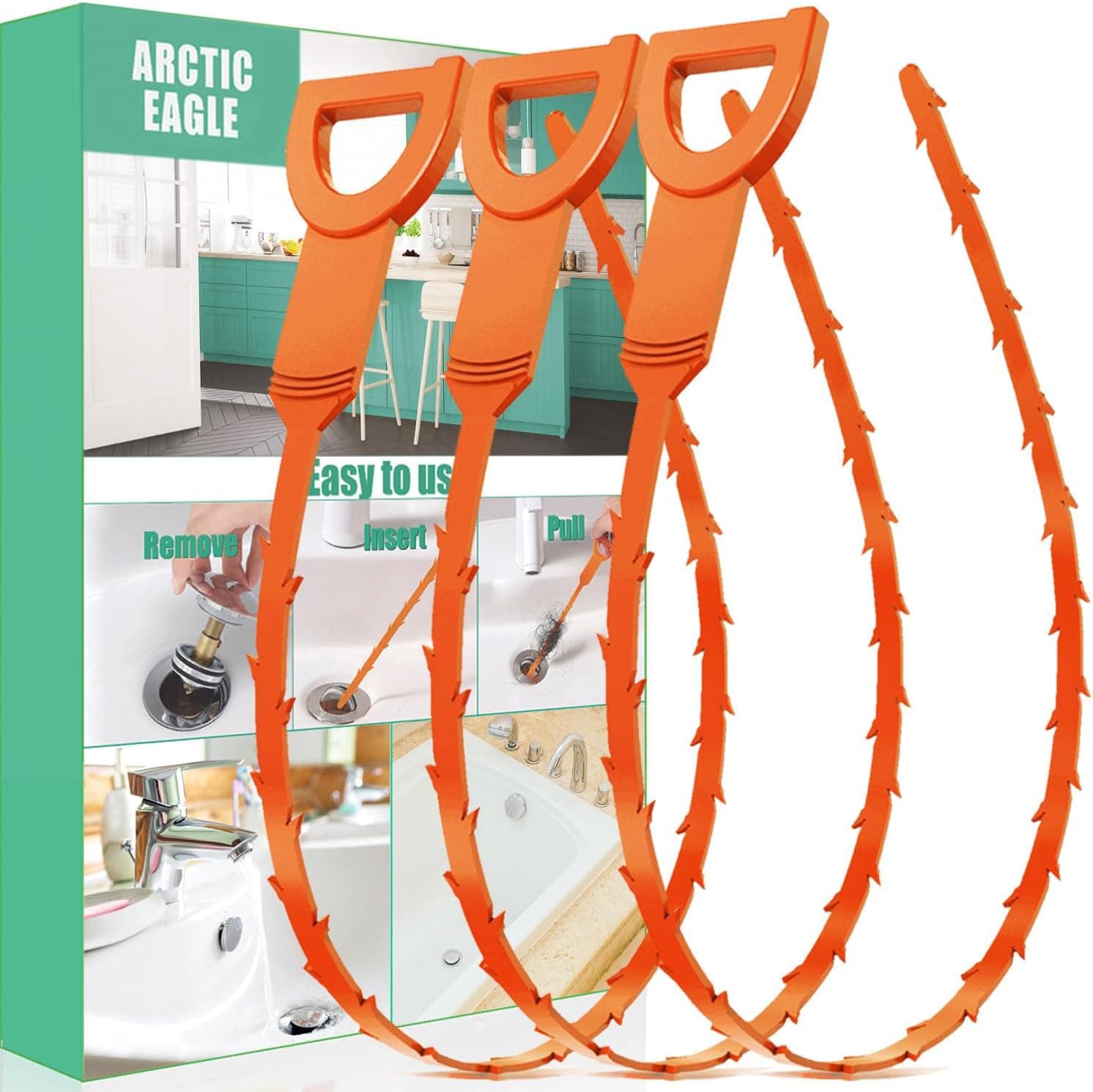 Drain Snake Hair Drain Clog Remover - 3 Pack Shower Snake Sink Unclogger Tool with Exquisite Packaging 3 Pack Orange