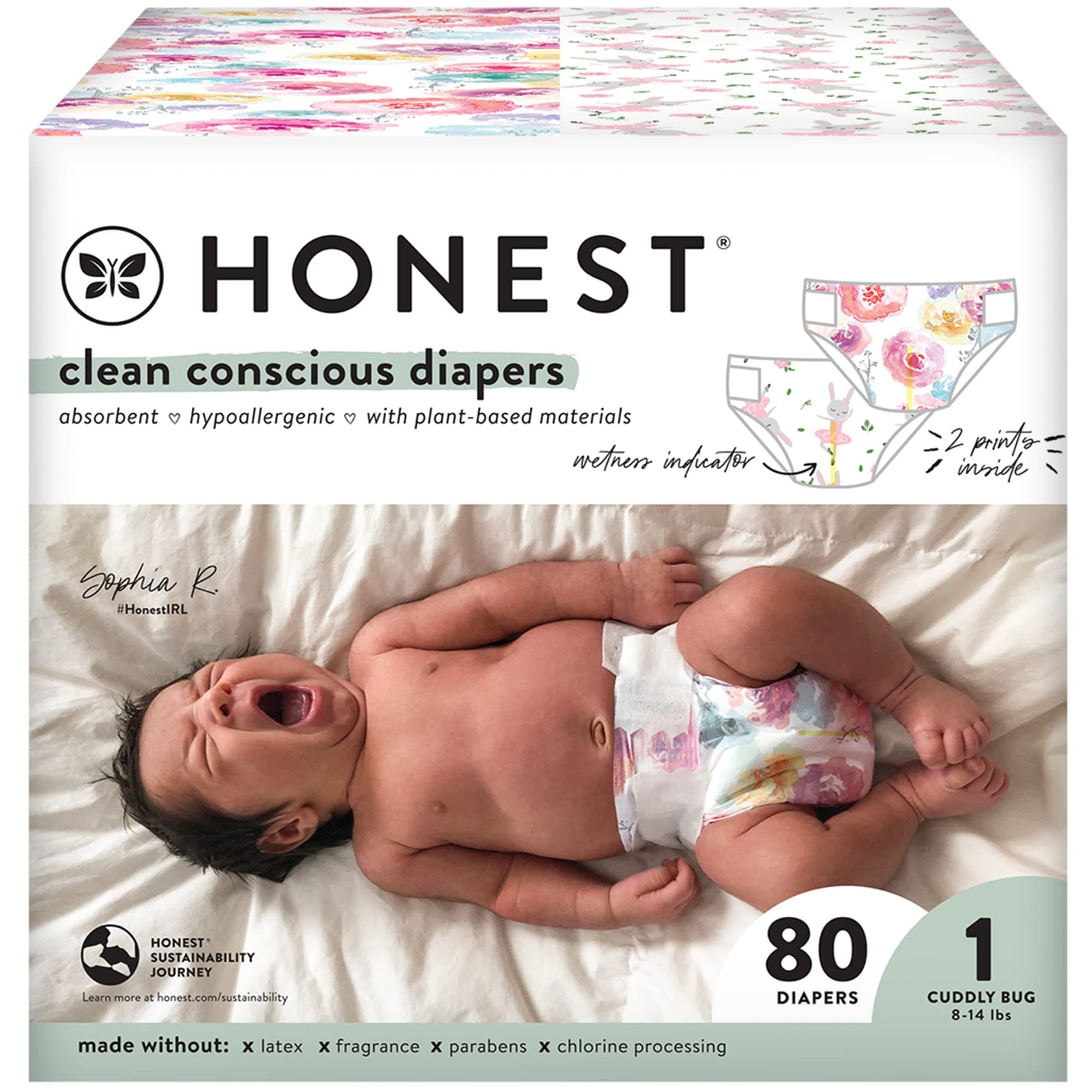 The Honest Company Clean Conscious Diapers Plant-Based Sustainable Rose Blossom and Tutu Cute Club Box Size 1 8-14 lbs 80 Count