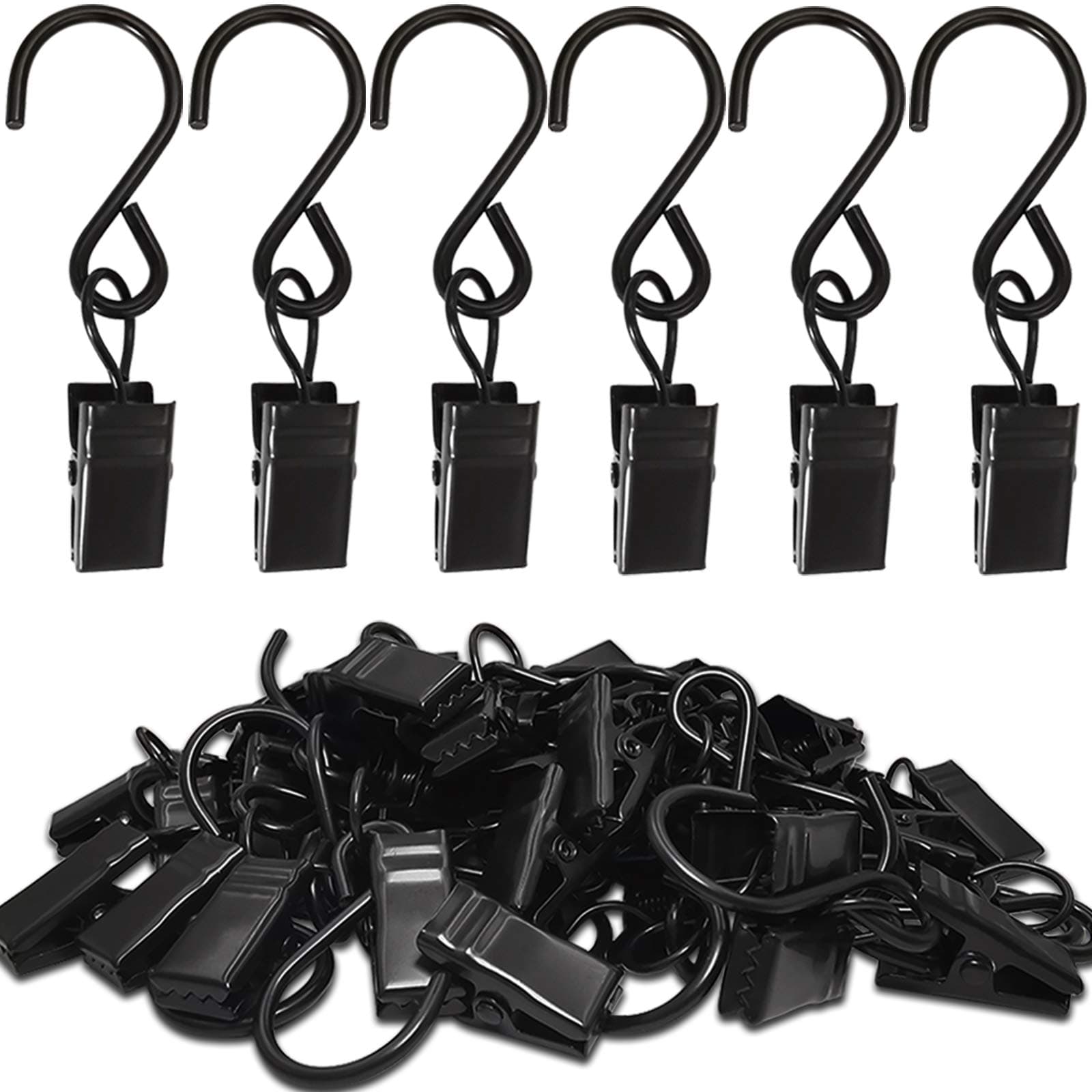 Stainless Steel S Hooks Curtain Clips, 50 Pack Hanging Party Lights Clips Hangers Gutter Photo, Art Craft Display, 2.4 Inch Long, Black 2.4 Inch Long Black