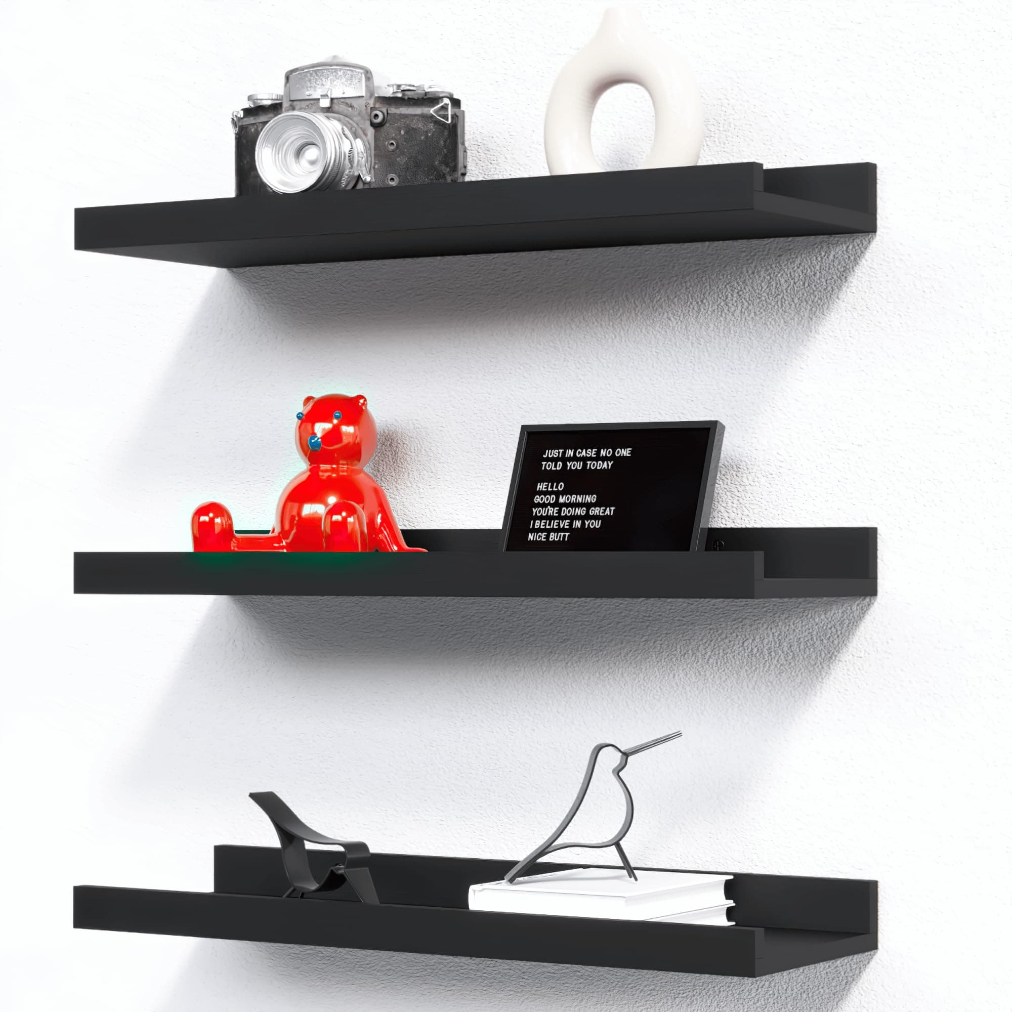 RICHER HOUSE 3 Set Floating Shelves for Wall, Black Wall Mounted Shelves with Lip for Storage, Display Picture Ledge Shelf for Bedroom Bathroom Kitchen Living Room Decor, Modern Black Black 3pcs*15.72in