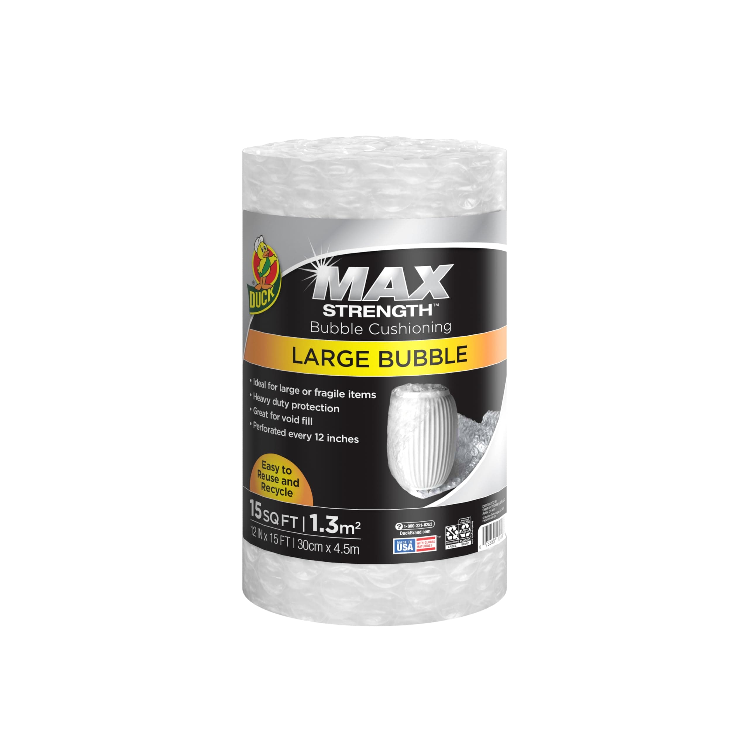 Duck Max Strength Bubble Cushioning Wrap for Moving & Shipping, 15 FT, Large Bubble Packing Wrap for Heavy Duty Protection Packaging Boxes, Clear Bubble Roll Moving Supplies, Perforated Every 12 IN 12 in. x 15 ft.