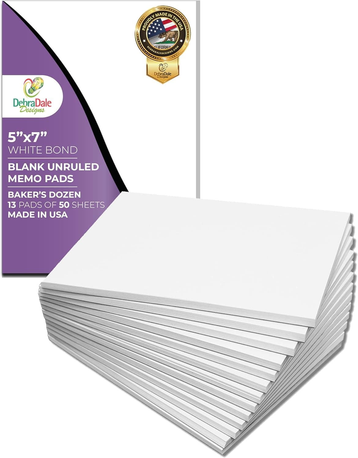 MADE IN USA – Debra Dale Designs 5"x7" White Note Pads – 13 Unruled Memo Pads for Professionals – Notepads for Work & Home Use 5 x 7 Blank White