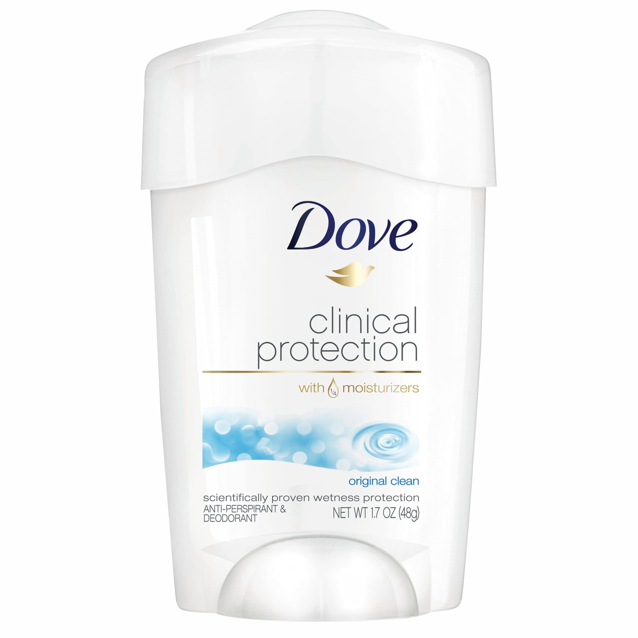Dove Clinical Protection Antiperspirant Deodorant For Sweat and Odor Protection Original Clean Antiperspirant For Women Made With 1/4 Moisturizers 1.7 oz 1.7 Ounce (Pack of 1) Original Clean