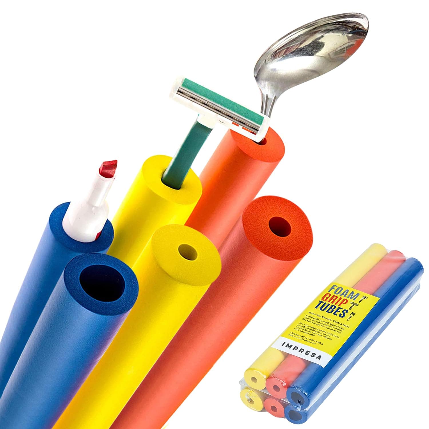 Impresa Foam Grip Tubing - Customizable Multi-Color, Blue/Red/Yellow 6-Count Slip-Resistant Grip Tubes for Built-Up Handles - Adaptive Equipment & Adaptive Silverware for Stroke Patients