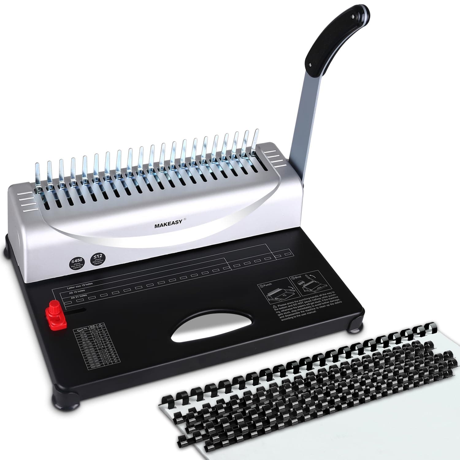 MAKEASY Binding Machine, 21-Hole, 450 Sheets, Comb Binding Machines with 1 Box Comb Bindings Spines, Comb Binder for Letter Size, A4, A5 Paper Silver
