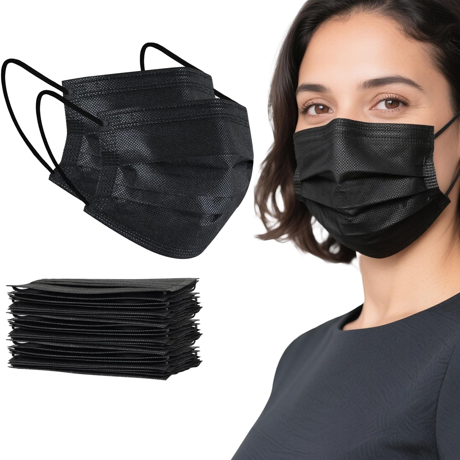 akgk 100Pcs Disposable Face Masks, Black Face Mask, 3 Ply Disposable Mask Adults 100 Pcs