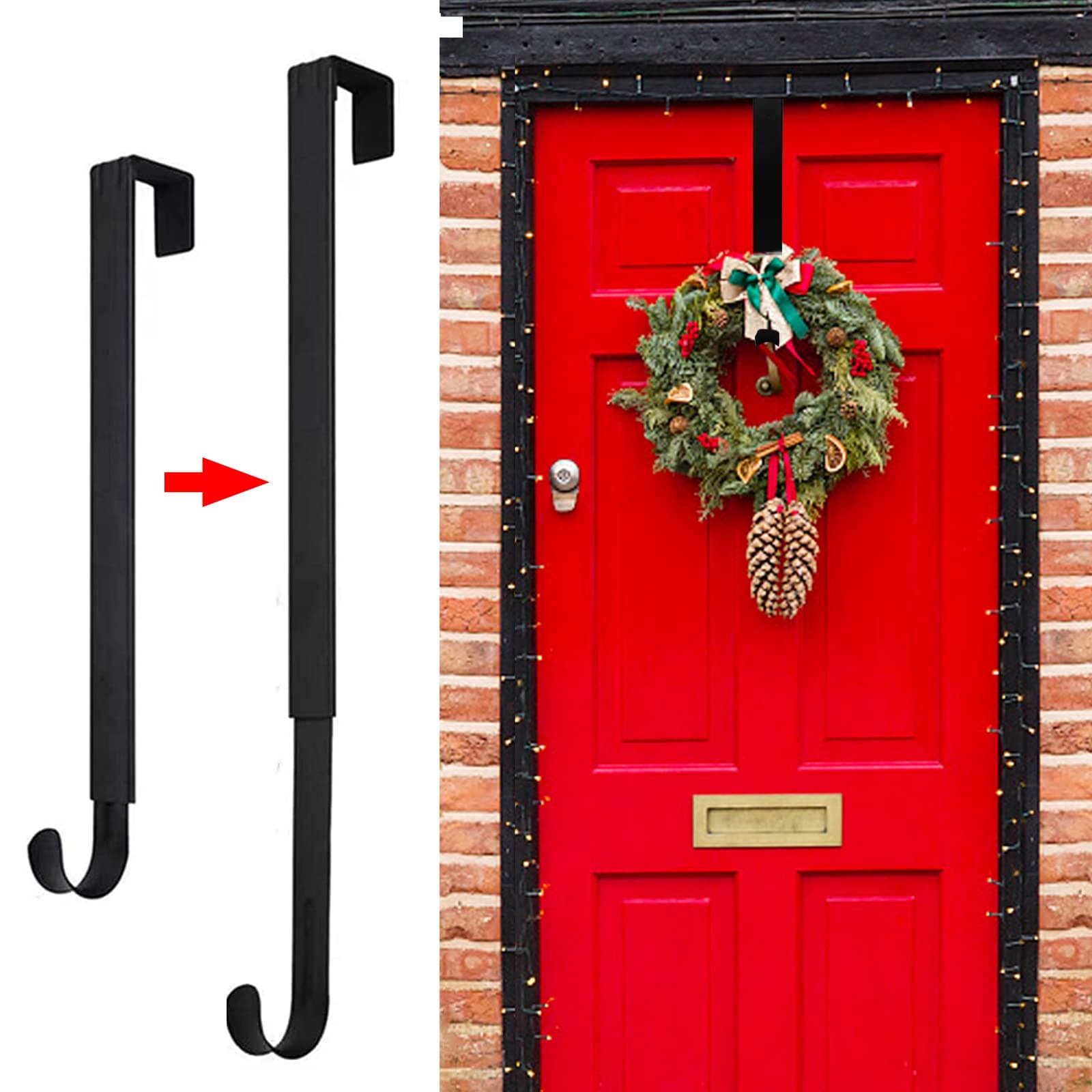 GP Life Wreath Hanger for Front Door, Adjustable from 15 to 25 Inches Hanger, 20 lbs Larger Door Upgrade Christmas Fall Wreaths Decorations Hook (Black)