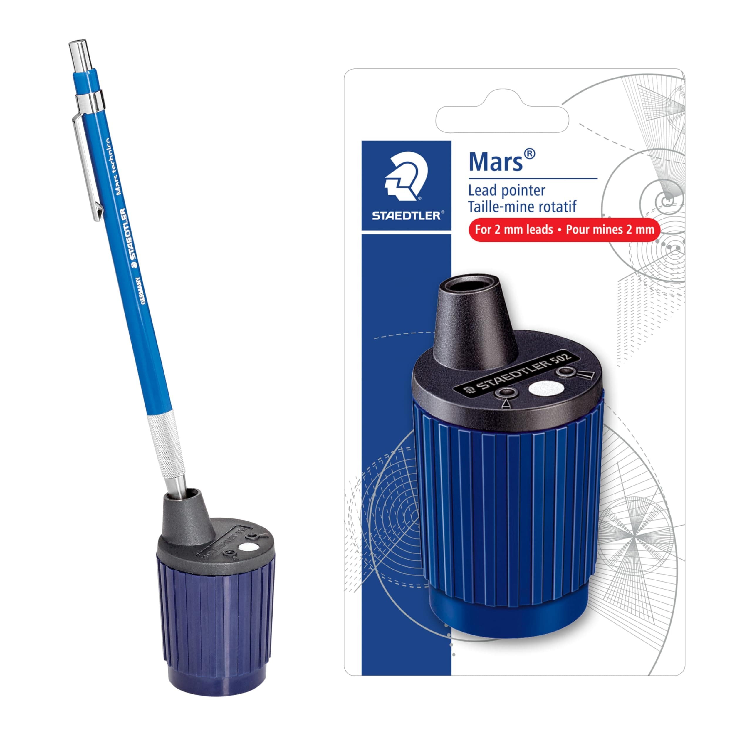 STAEDTLER Mars Lead Pointer - Precision Mechanical Pencil Sharpener with Auto-Stop for 2mm Pencils - Rotary Action with Dust Wiper & Adjustable Cone 1 Pack