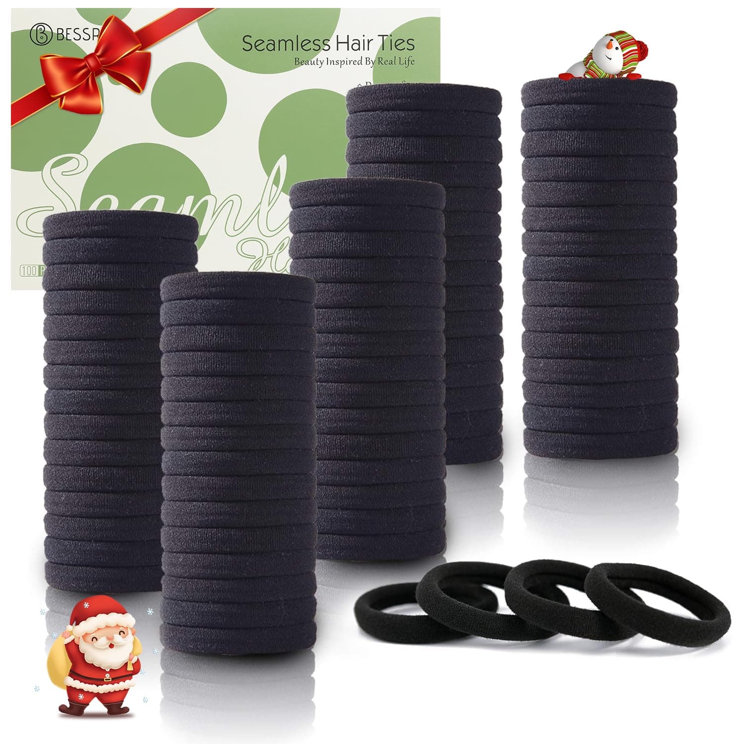 100PCS Black Hair Ties for Women Girls, Seamless Thick Black Hair Band, Elastic Hair Ties No Damage Ponytail Holder Christmas Gift 100 Count (Pack of 1) Black
