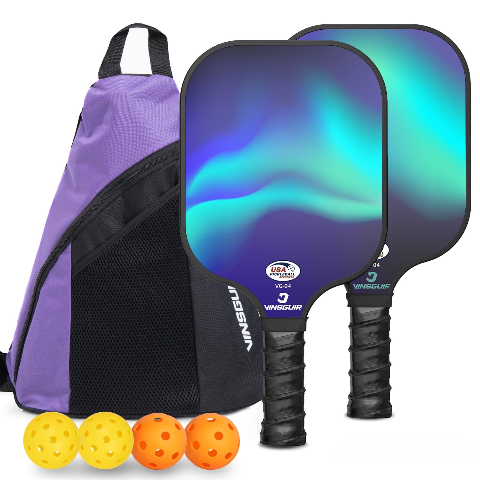 VINSGUIR Pickleball Paddles Set of 2, Lightweight 7.23OZ Fiberglass Pickleball Set with 2 Pickleball Rackets, 4 Pickleball Balls, 1 Portable Pickleball Bag, Pickle Ball Paddle Set Gift for Women 2 Rackets- Aurora