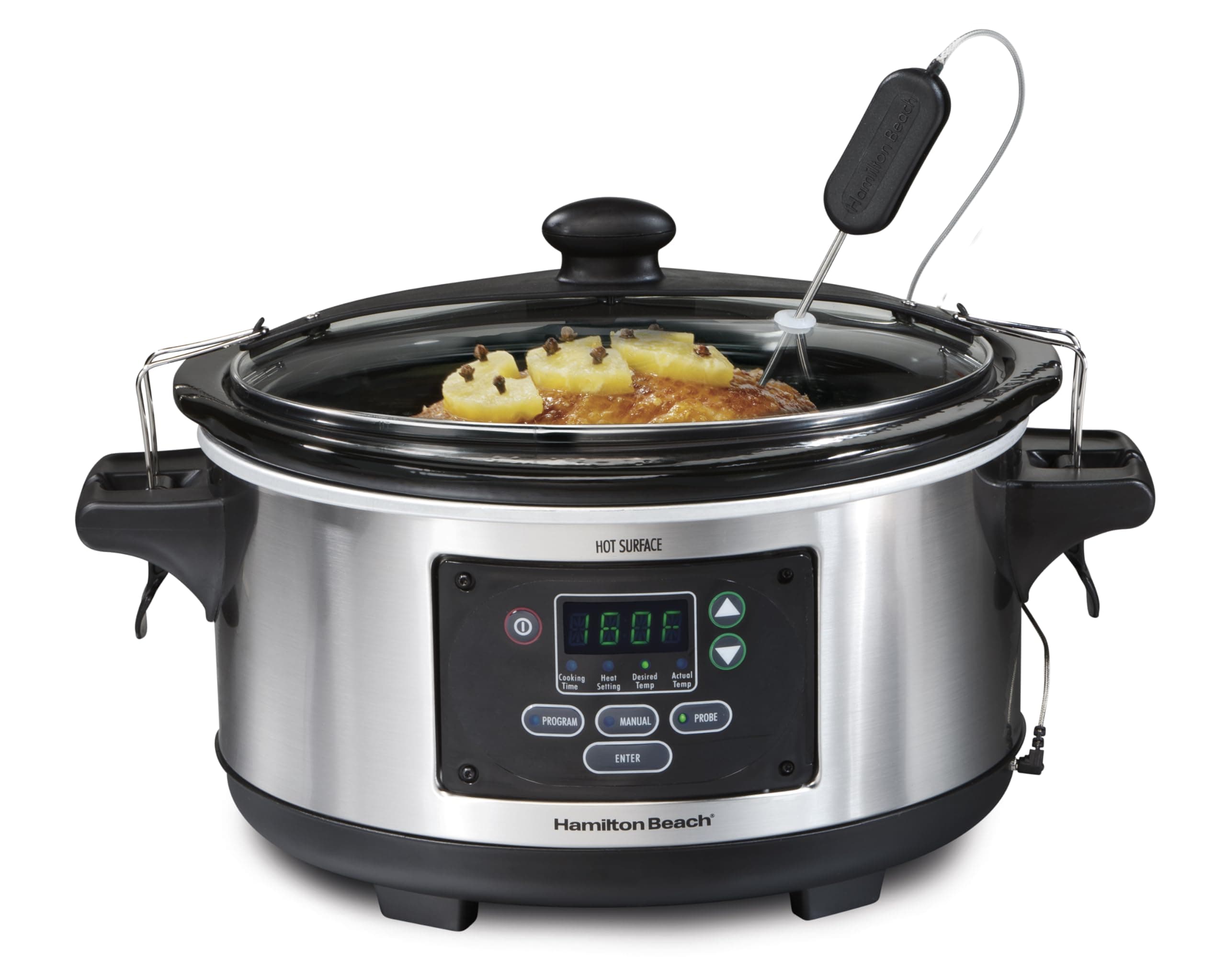 Hamilton Beach Portable 6 Quart Set & Forget Digital Programmable Slow Cooker with Lid Lock, Temperature Probe, Dishwasher Safe Crock & Lid, Stainless Steel (33969A) Set & Forget, Stainless Steel 6 Quarts