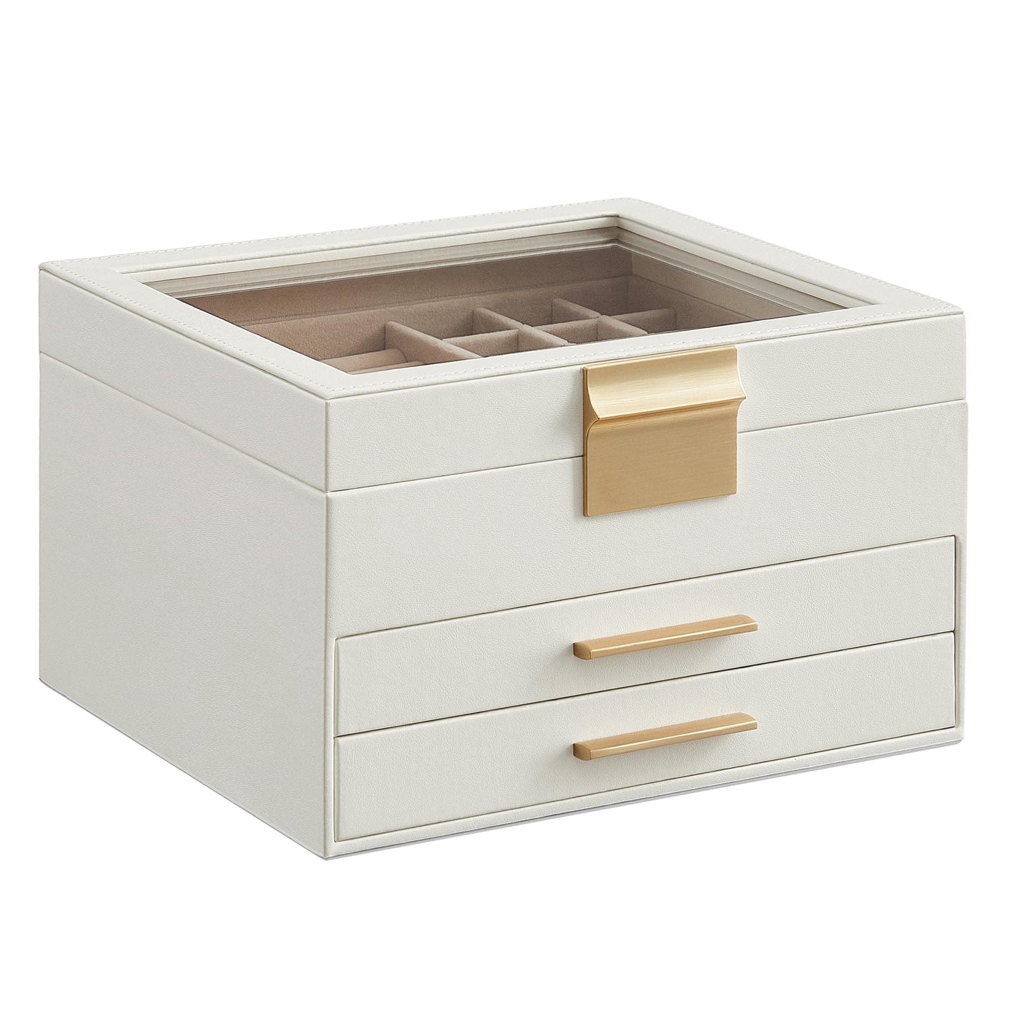 SONGMICS Jewelry Box Organizer with Glass Lid, 3-Layer Jewelry Storage, with 2 Drawers, Modern Style, Christmas Gift, 8 x 9.1 x 5.3 Inches, Cloud White and Gold Color UJBC239WT 3 Layer (8"D x 9.1"W) Cloud White + Gold