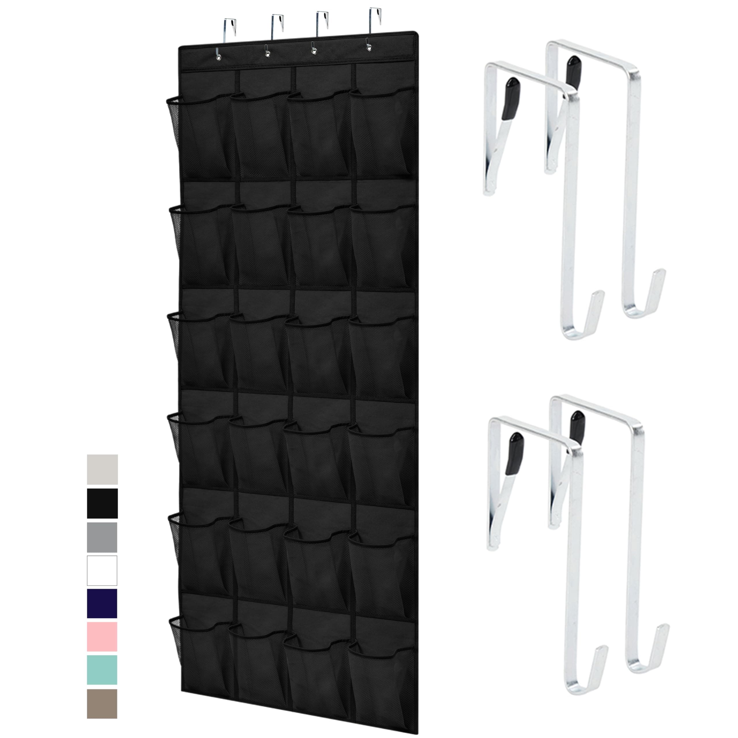 GORILLA GRIP Over the Door Shoe Organizer, 24 Large Breathable Mesh Pockets, Space Saving Hanging Storage Holder, Closet Rack Hanger Holds Up to 40 lbs, Hangs on Closets for Shoes, Accessories, Black 24 Pockets/4 Hooks - Pack of 1 Black