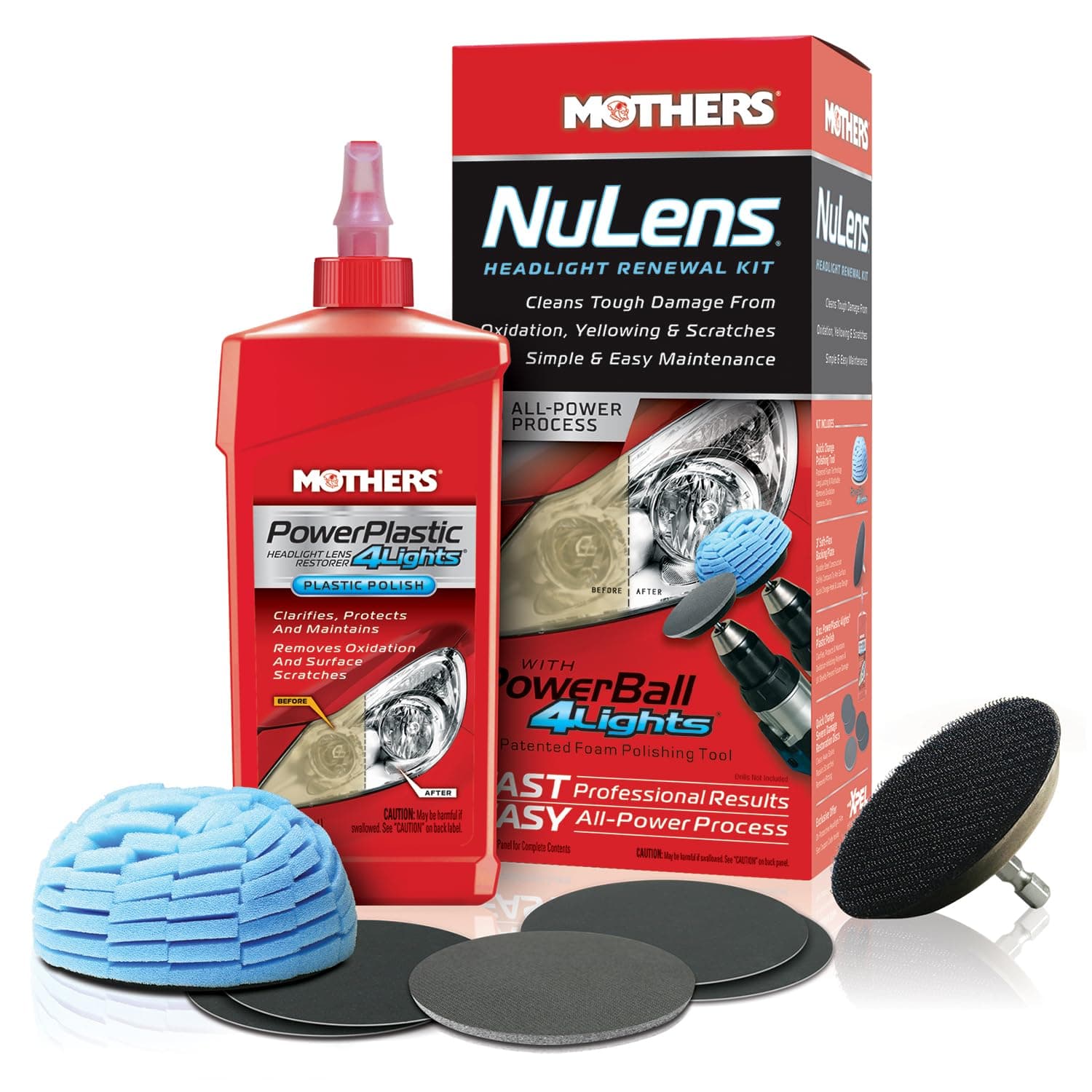 Mothers NuLens Headlight Renewal Kit — Quickly Restores & Maintains Clarity on All Headlight Types – Includes PowerPlastic 4Lights Polish, 8 oz. with Protective, Oxidation-Inhibiting Polymers (07251) 8 fl. oz.