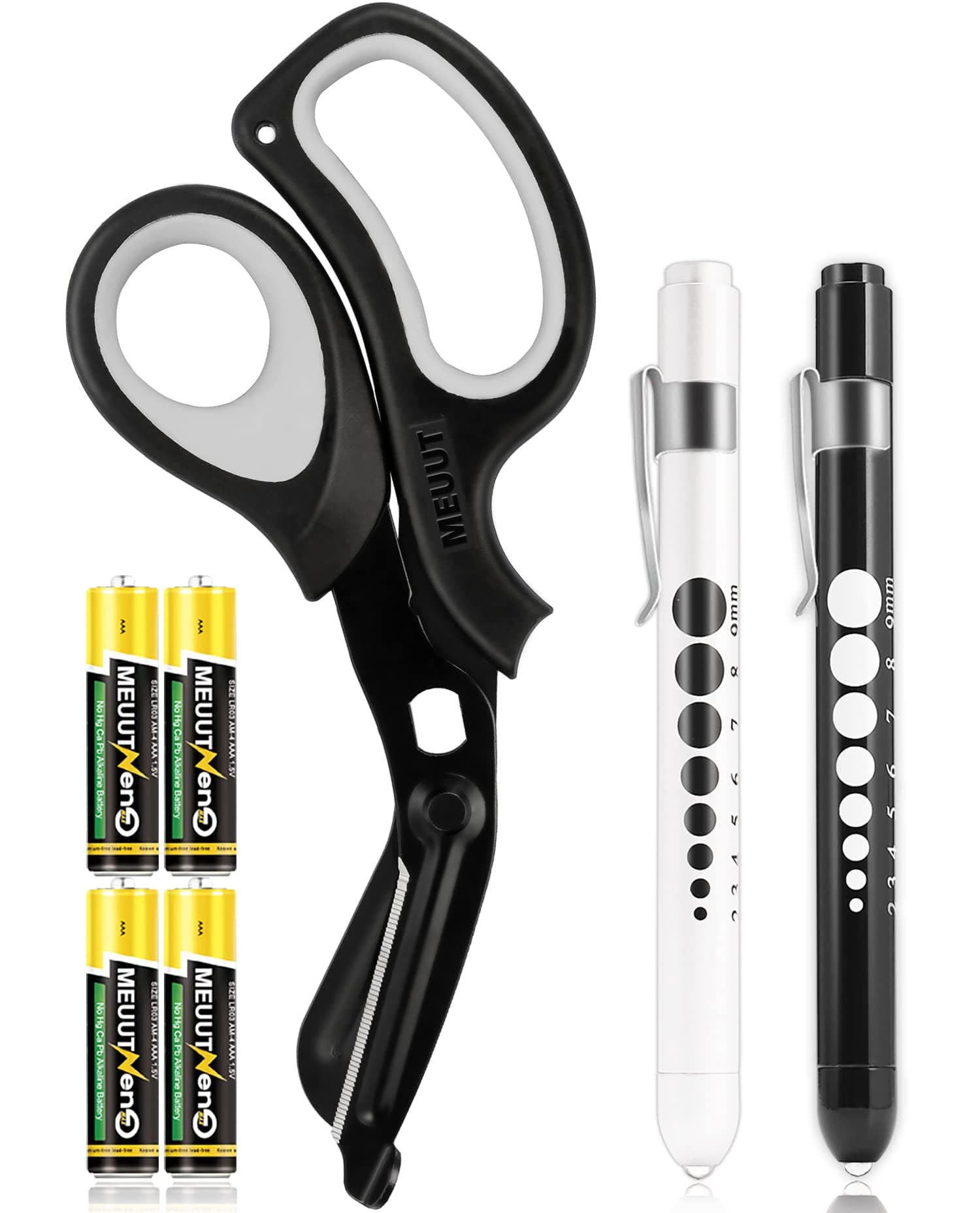 MEUUT 3 Pack Penlight & Medical Scissors- One 8 Inches Patented Trauma Shears Two LED Pen light with Four Batteries - Bandage Scissor for- Nurse, First Aid, EMT, Doctor Black Shear+white&black Penlights