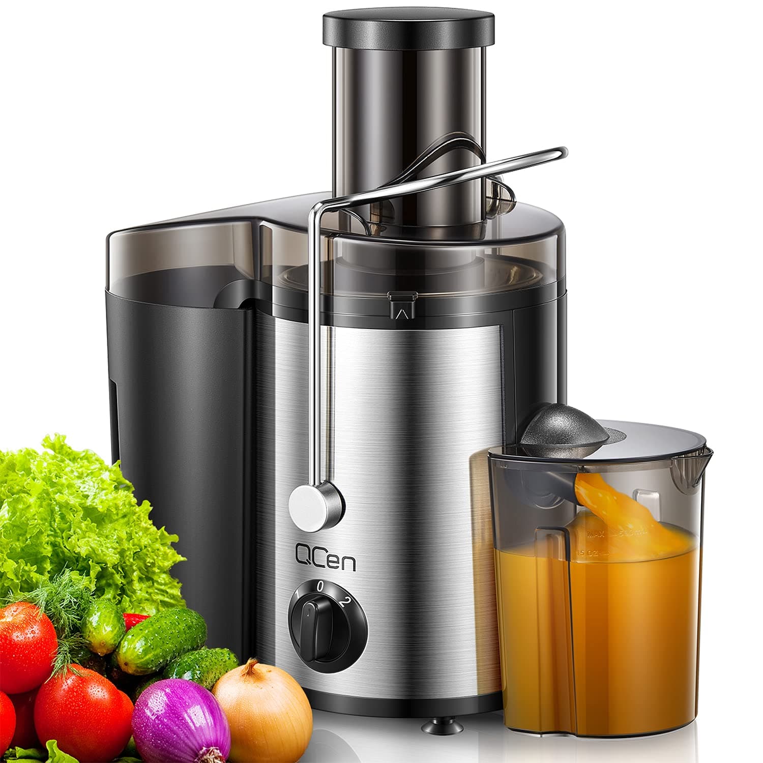 QCen Juicer Machine, 500W Centrifugal Juicer Extractor with Wide Mouth 3” Feed Chute for Fruit Vegetable, Easy to Clean, Stainless Steel, BPA-free (Black) 500W Black