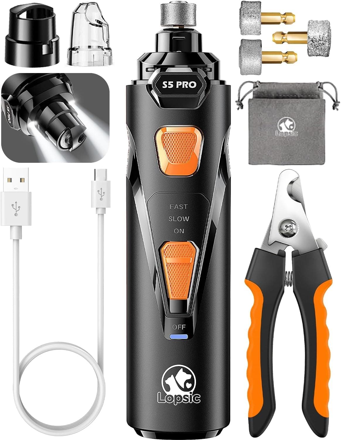 Dog Nail Grinder with 2 LED Lights Powerful 2 Speeds Super Quiet Dog Nail Trimmers with 3 Grinding Wheels Rechargeable Pet Dog Nail Clippers for Large Medium Puppy Dogs Dog Nail File Cat Nail Clipper Black