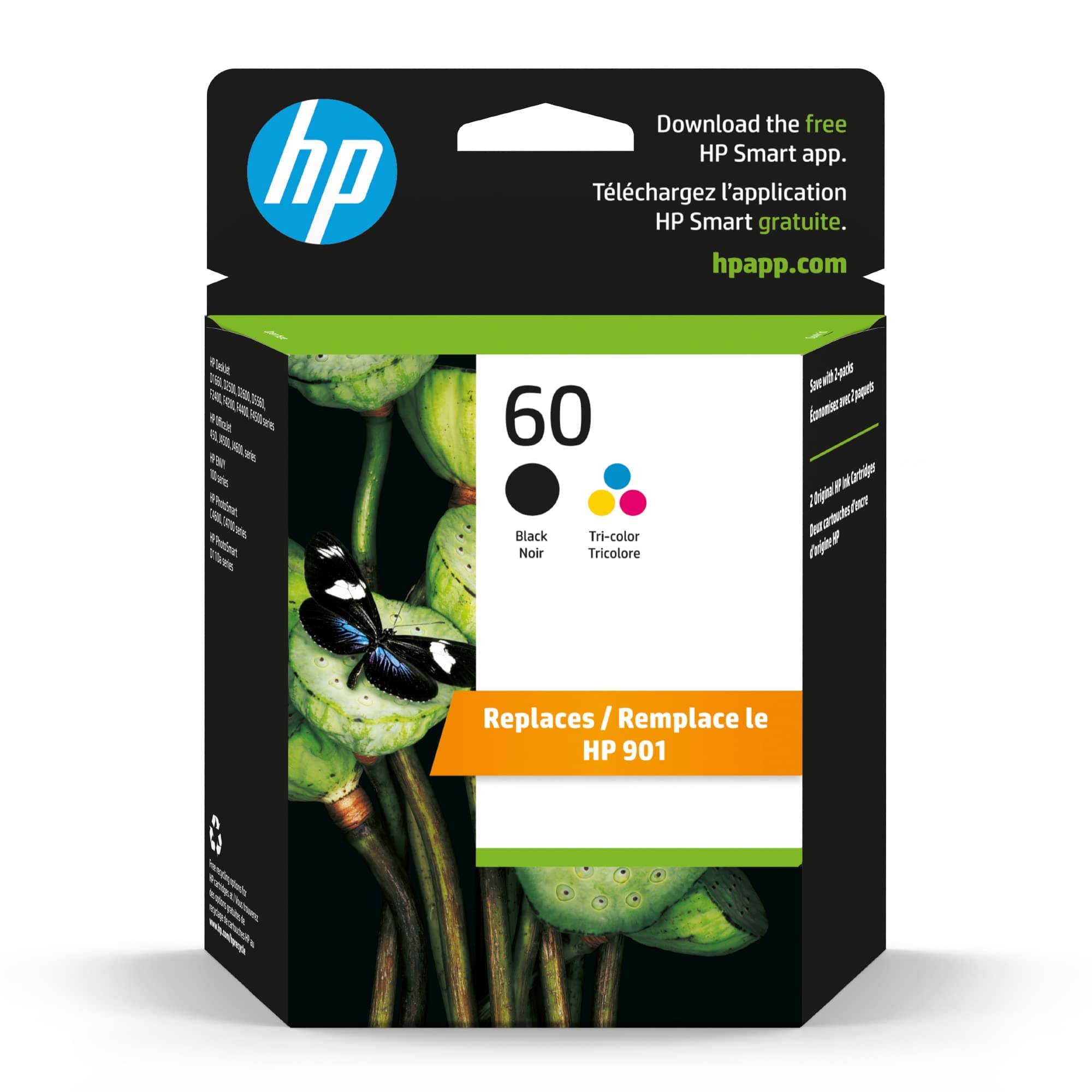 HP 60 Black/Tri-color Ink Cartridges (2-pk) | DeskJet D1660, D2500, D2600, D5560, F2400, F4200, F4400, F4580; ENVY 100; OfficeJet J4500, J4680, 4500; PhotoSmart C4600, C4700, D110a | N9H63FN