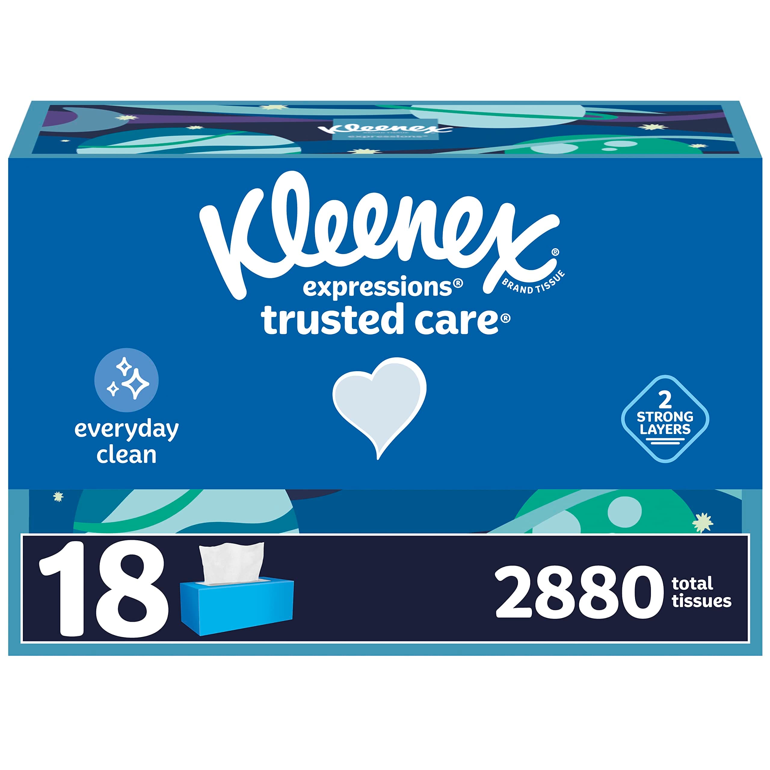 Kleenex Expressions Trusted Care Facial Tissues, 18 Flat Boxes, 160 Tissues per Box, 2-Ply (2,880 Total Tissues), Packaging May Vary White 160 Tissues (Pack of 18)
