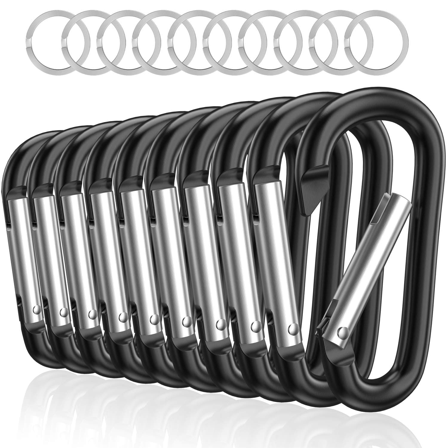 sprookber 3" Aluminum Carabiner D Ring, Caribeener Clips, Spring Snap Hook for Keychain Clip, Set of 10 Black