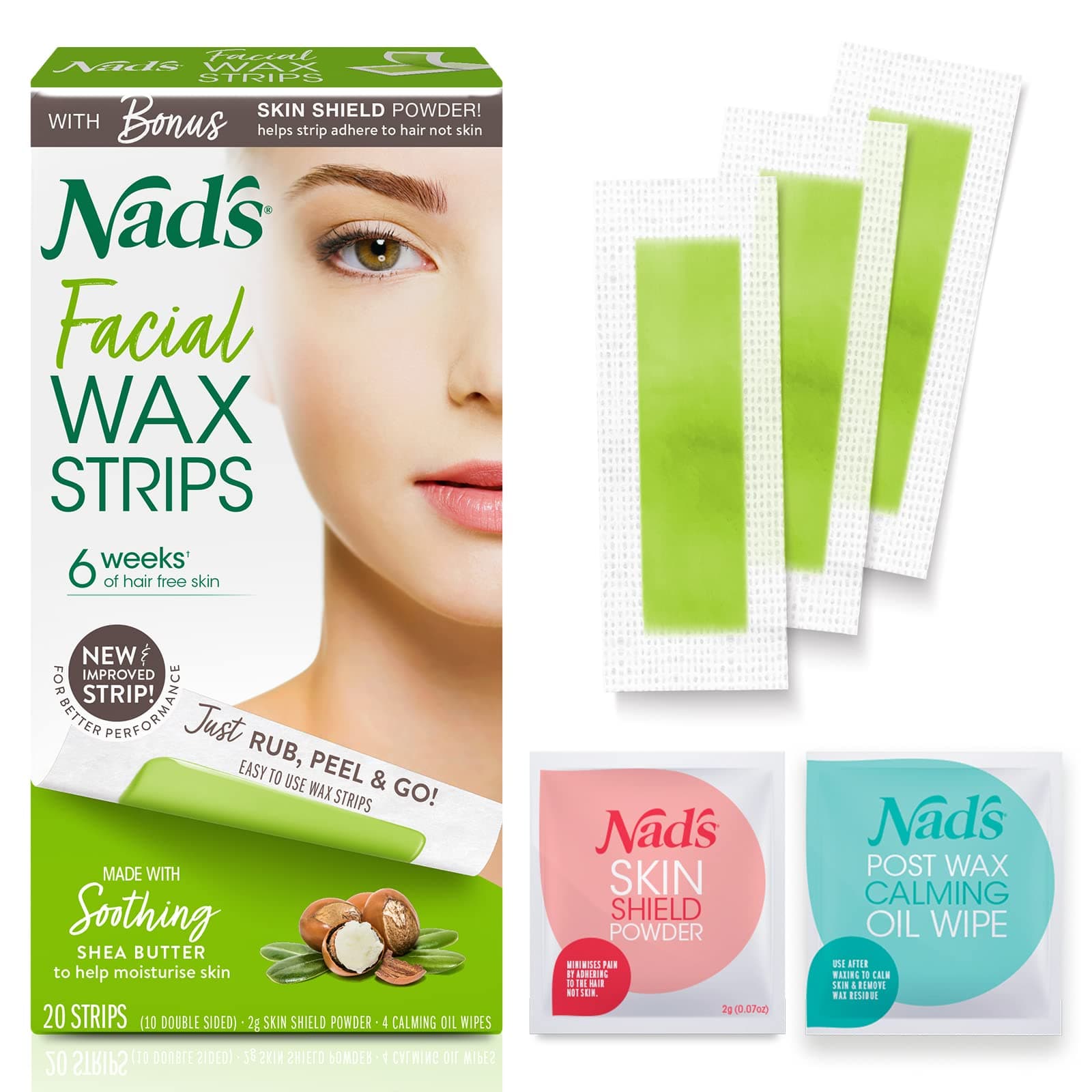 Nad's Facial Wax Strips - Hypoallergenic All Skin Types - Facial Hair Removal For Women - At Home Waxing Kit with 20 Face Wax Strips + 4 Calming Oil Wipes + Skin Protection Powder 25 Count (Pack of 1)