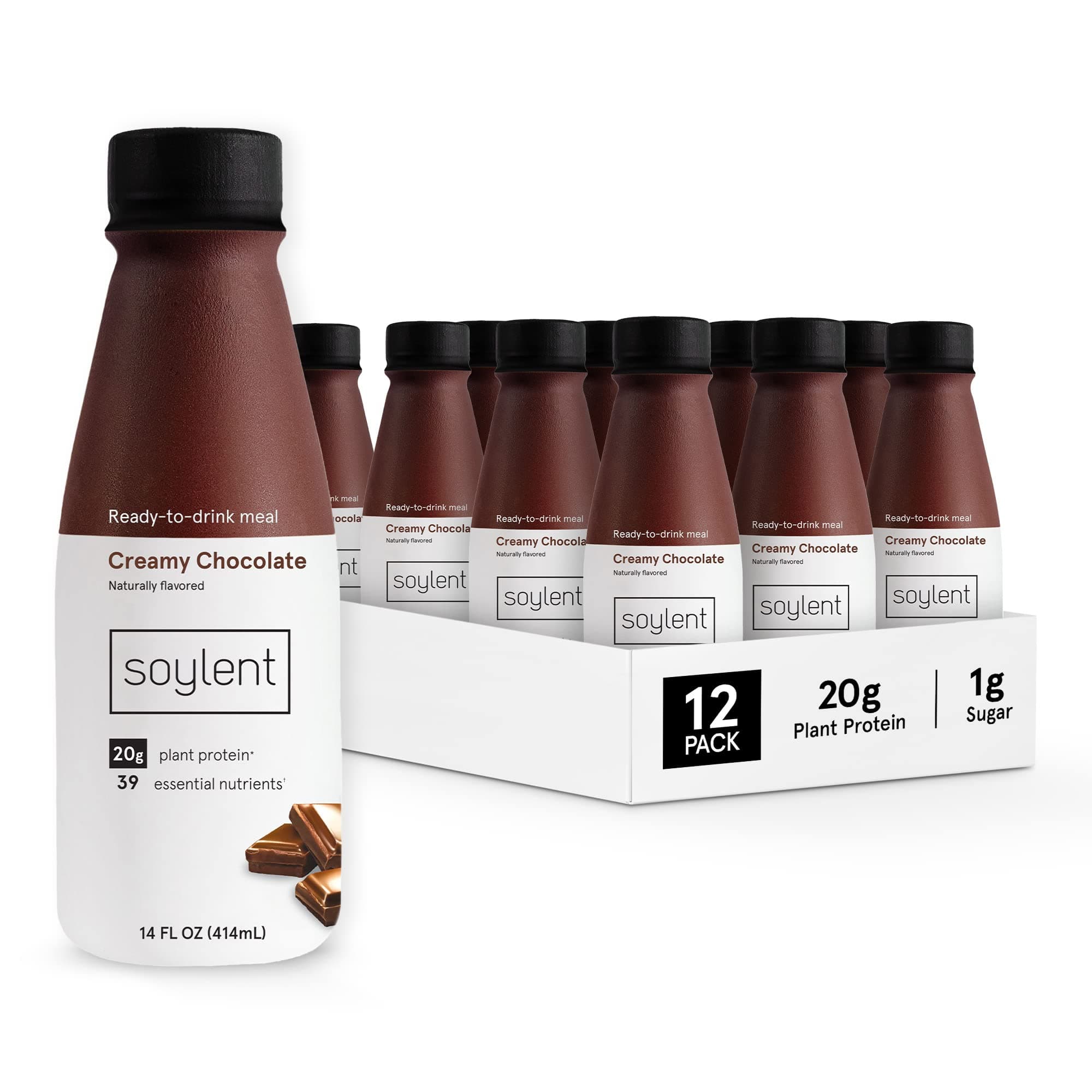 Soylent Creamy Chocolate Meal Replacement Shake, Ready-to-Drink Plant Based Protein Drink, Contains 20g Complete Vegan Protein and 1g Sugar, 14oz, 12 Pack Creamy Chocolate 14 Fl Oz (Pack of 12)