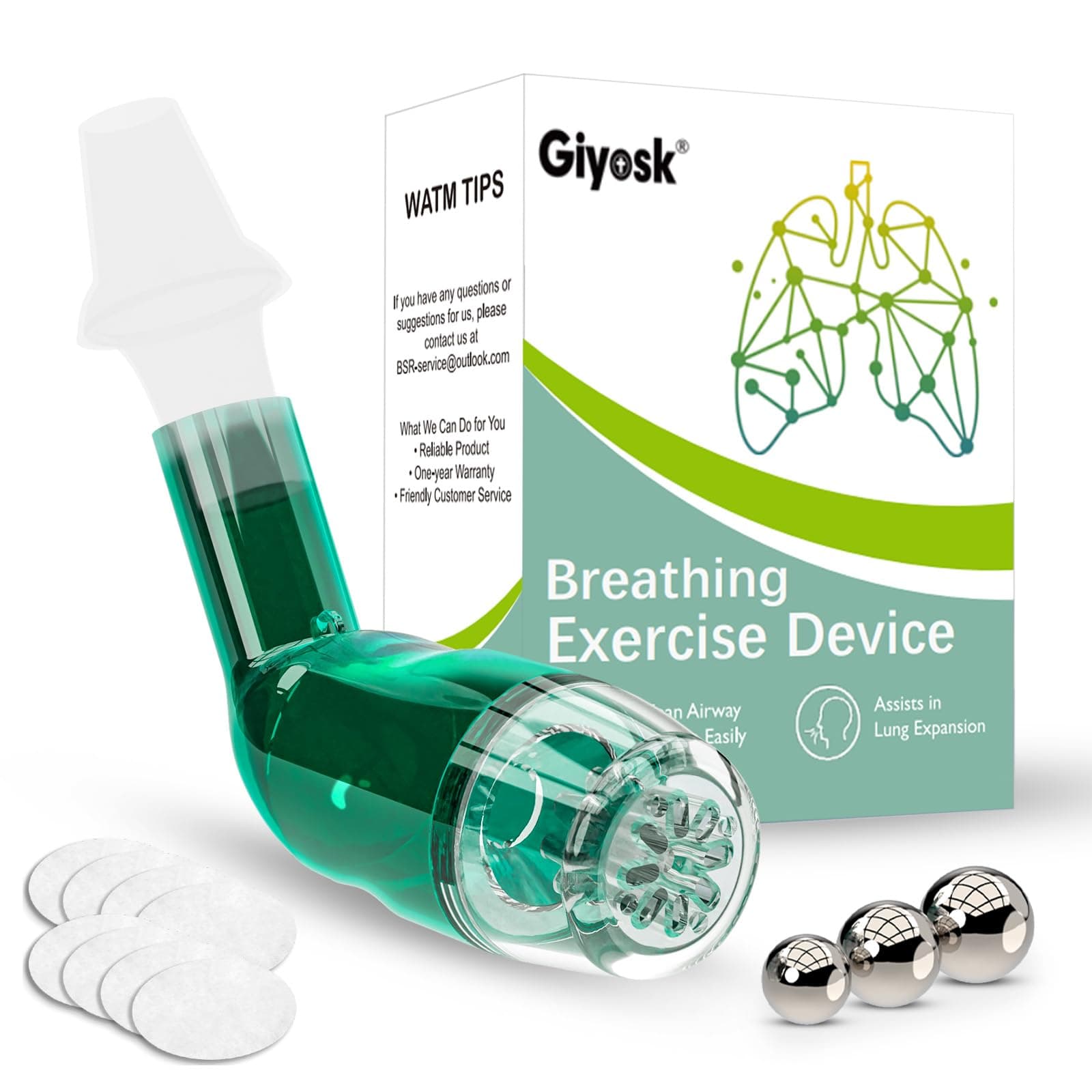 Breathing Exercise Device for Lungs, Lung Expansion and Mucus Relief Device, Portable Expiratory Breathing Exerciser with A Set of Accessories, Breathing Trainer for Lung Cleanse(Green) Green-e