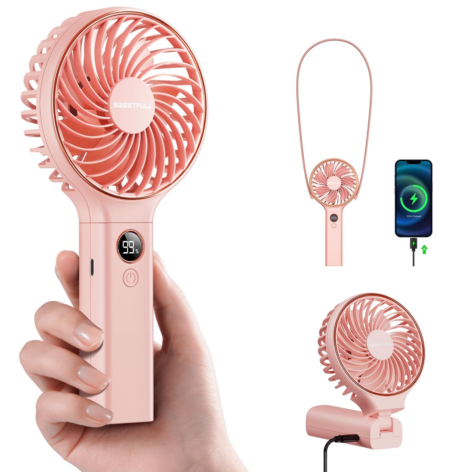 SWEETFULL Handheld Portable Fan, 5000mAh Rechargeable Battery, 6 Speed Wind, LED Digital Display, Foldable Electric Personal Mini Travel Fan with Backup Power, Summer Essentials Gifts for Women Girl B-Pink