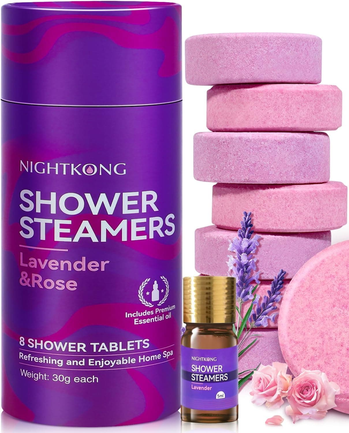 Lavender & Rose Shower Steamers - 8 Packs with 5ml Essential Oil, Relaxation Birthday Gifts for Women Men Mom, Christmas Gifts Stocking Stuffers for Women, Self Care Spa Gifts for Women