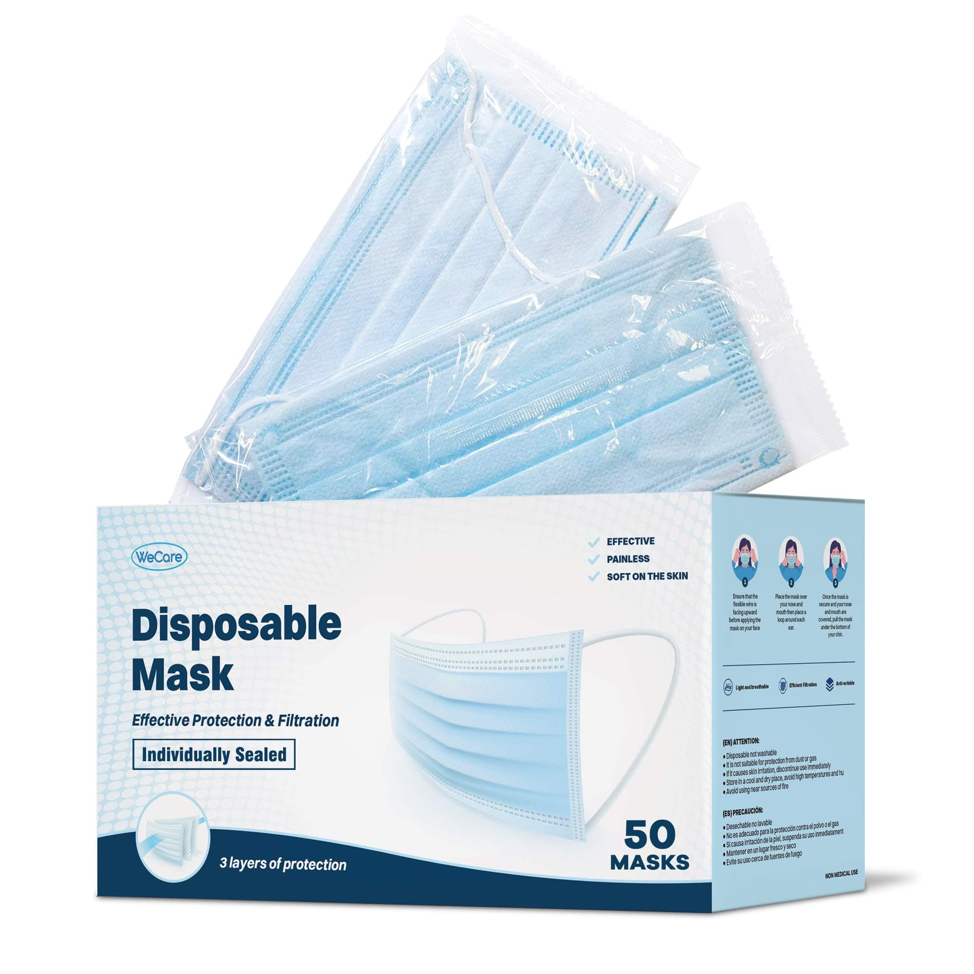 WECARE Disposable Face Mask Individually Wrapped - 50 Pack, Printed Masks - 3 Ply Blue